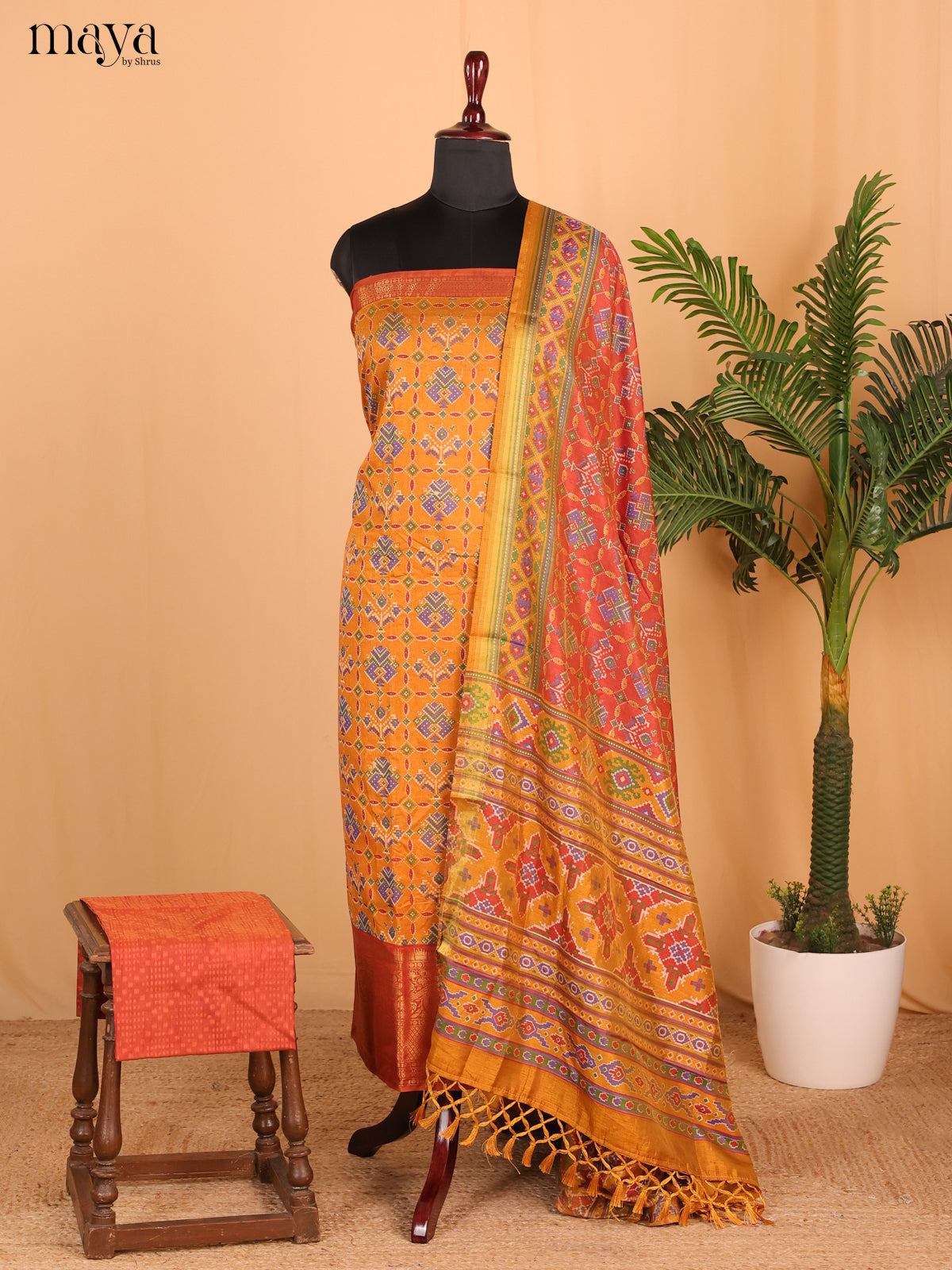 Mustard & Reddish orange Semi Patola Unstitched Top, Bottom & Dupatta - MDB26029 - Shop on Shrus.com