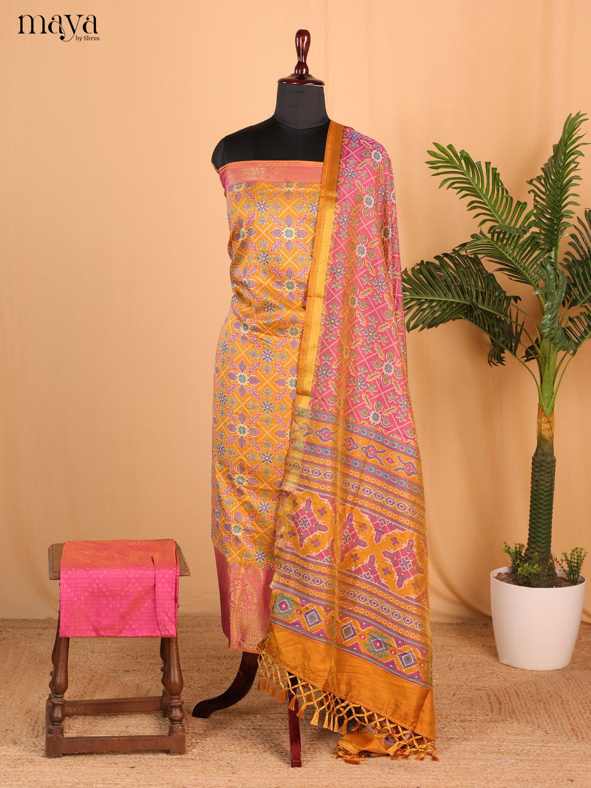 Mustard & Light Pink Semi Patola Unstitched Top, Bottom & Dupatta - MDB26031 - Shop on Shrus.com