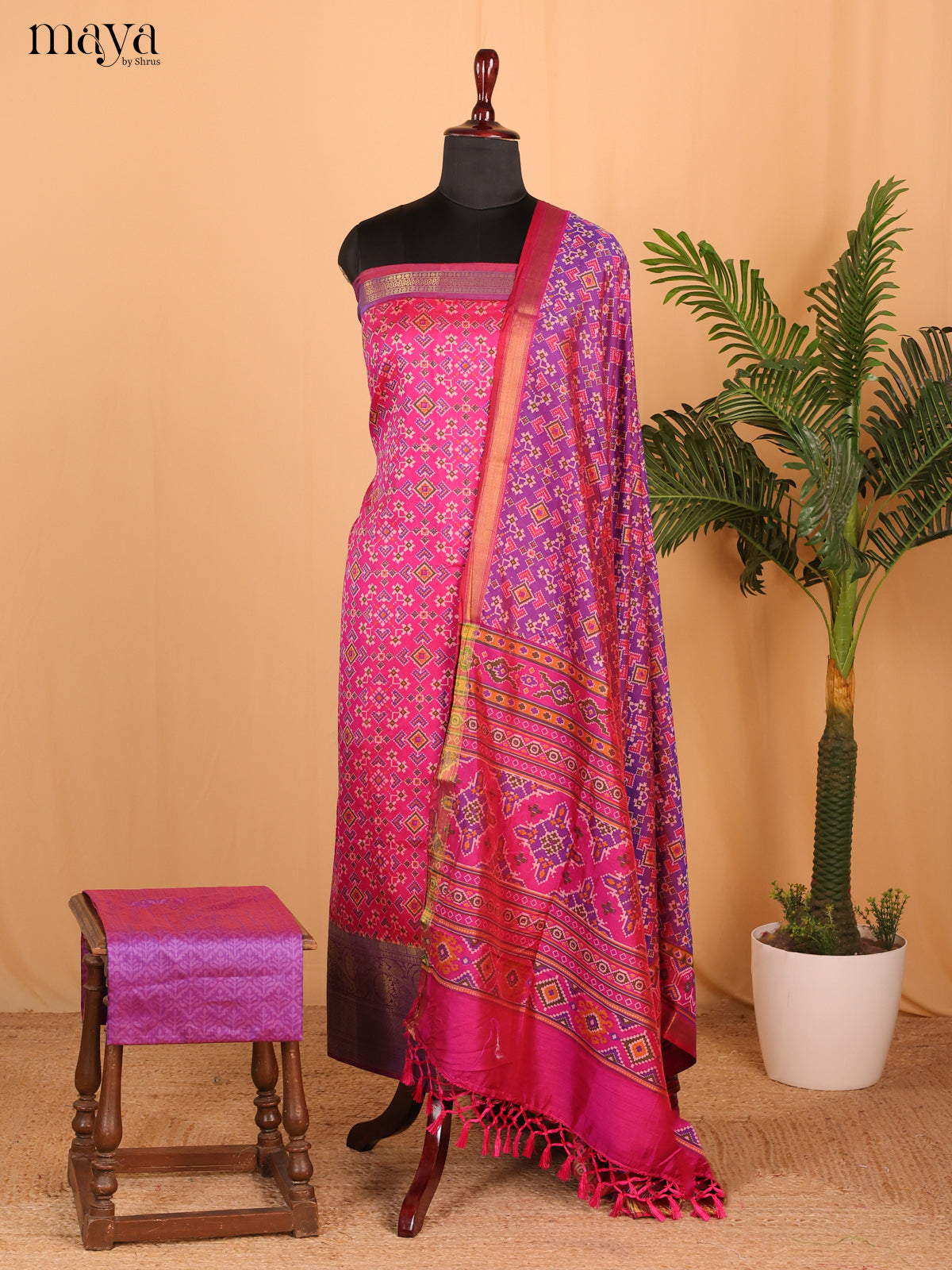 pink & purple Semi Patola Unstitched Top, Bottom & Dupatta - MDB26034 - Shop on Shrus.com