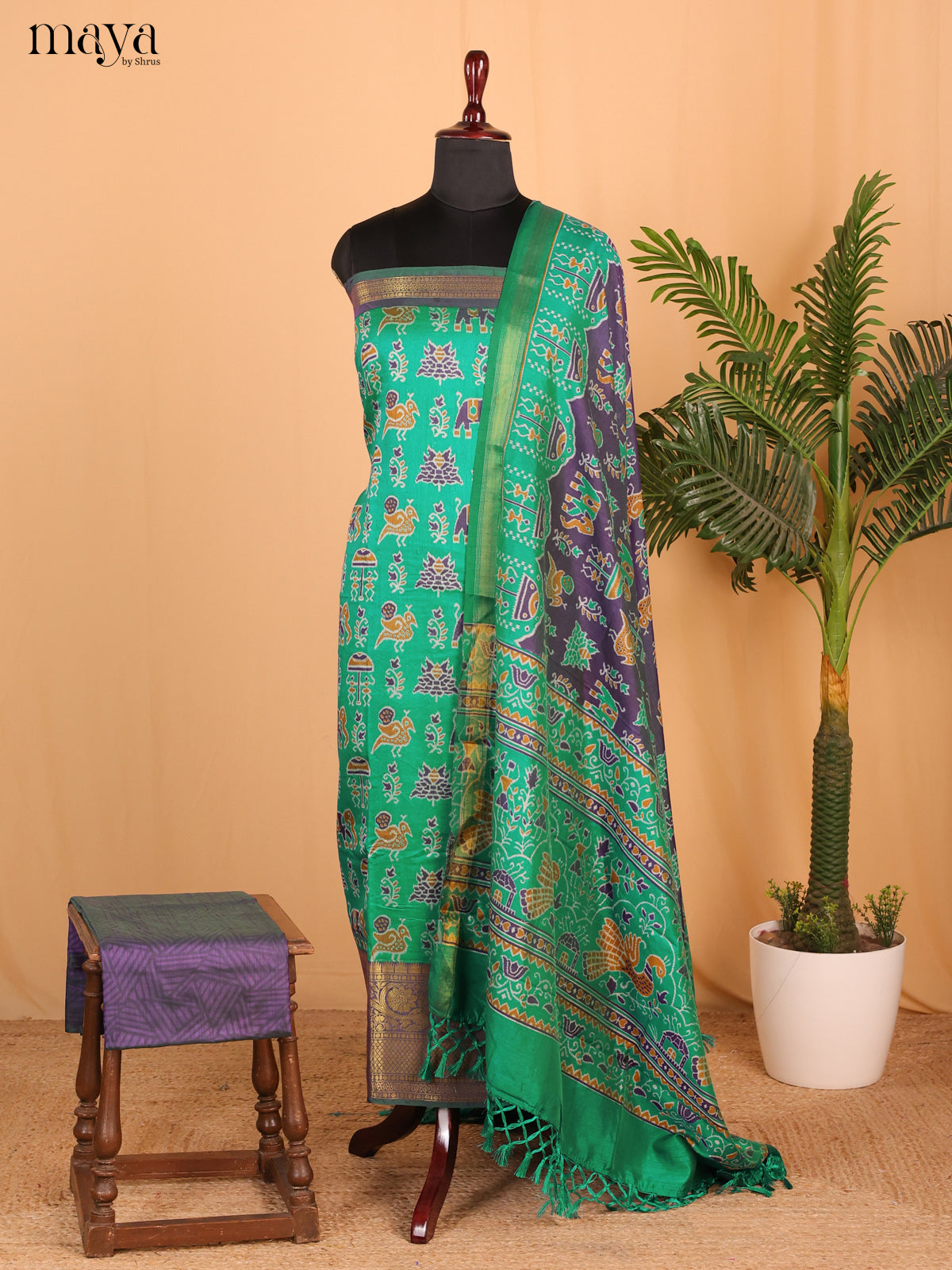 Green & Purple Semi Patola Unstitched Top, Bottom & Dupatta - MDB26041 - Shop on Shrus.com