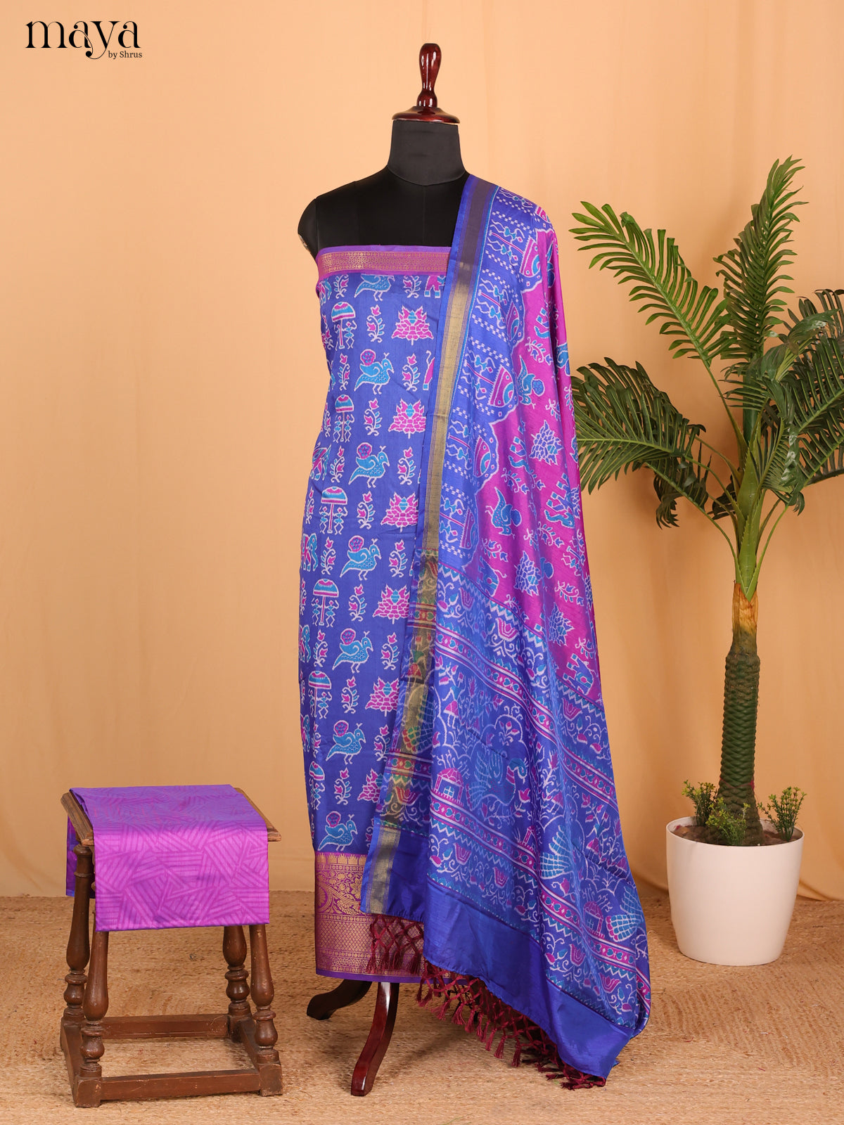 Royal Blue & Purple Semi Patola Unstitched Top, Bottom & Dupatta - MDB26042 - Shop on Shrus.com