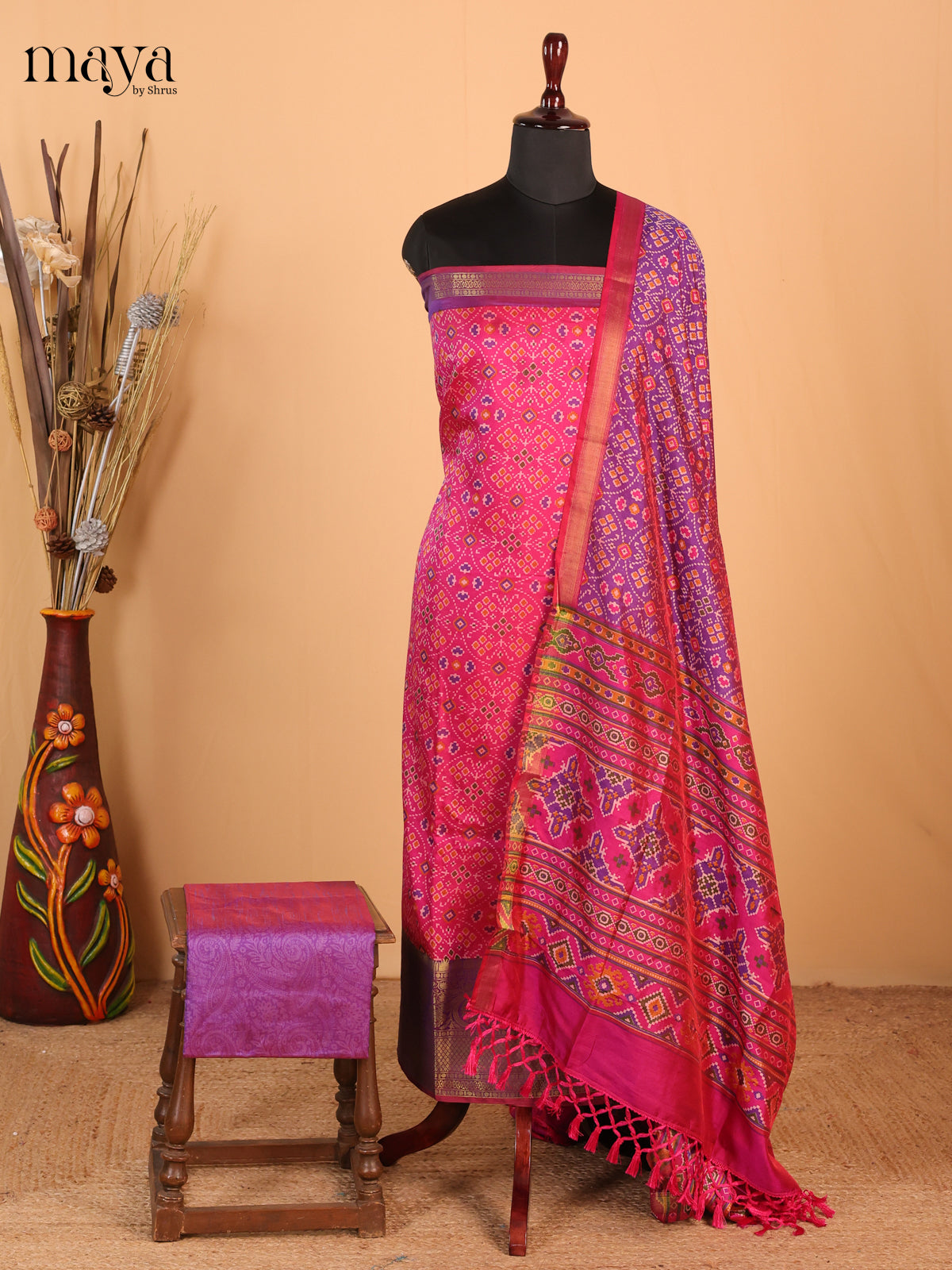 Pink & Purple - Semi Patola Unstitched Top, Bottom & Dupatta - MDB26044 - Shop on Shrus.com