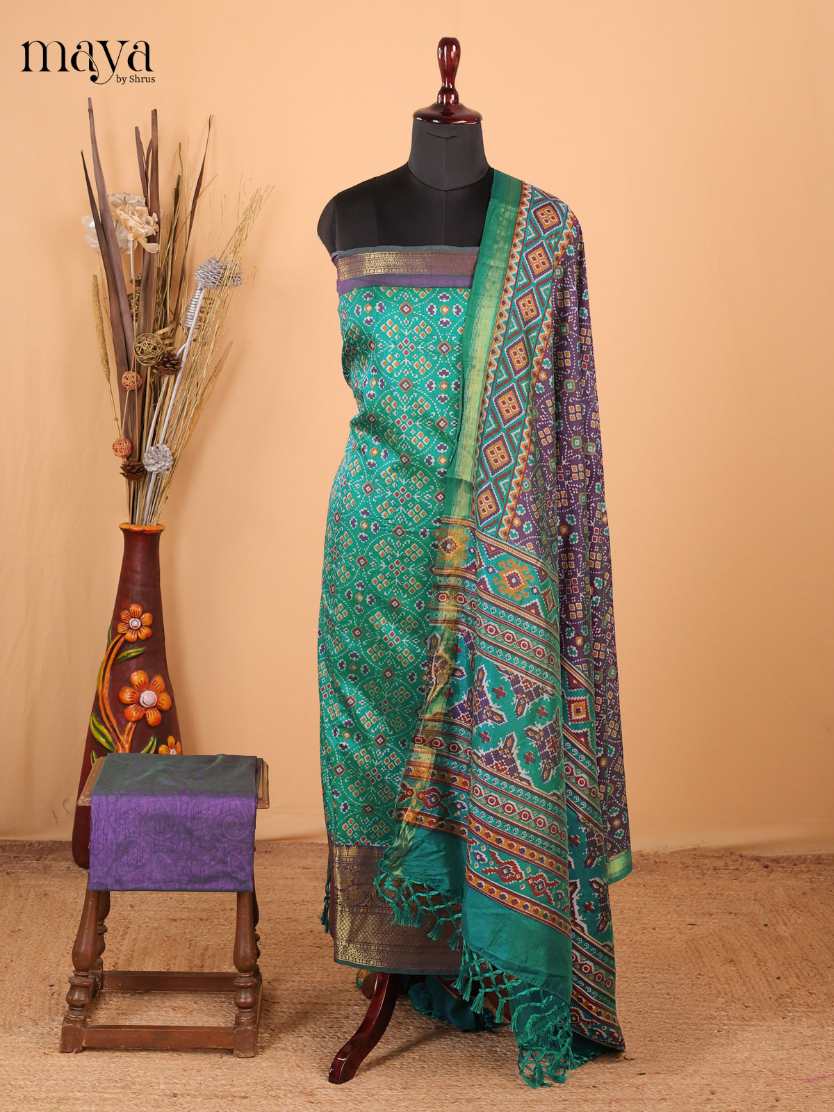 Green & Purple - Semi Patola Unstitched Top, Bottom & Dupatta - MDB26047 - Shop on Shrus.com
