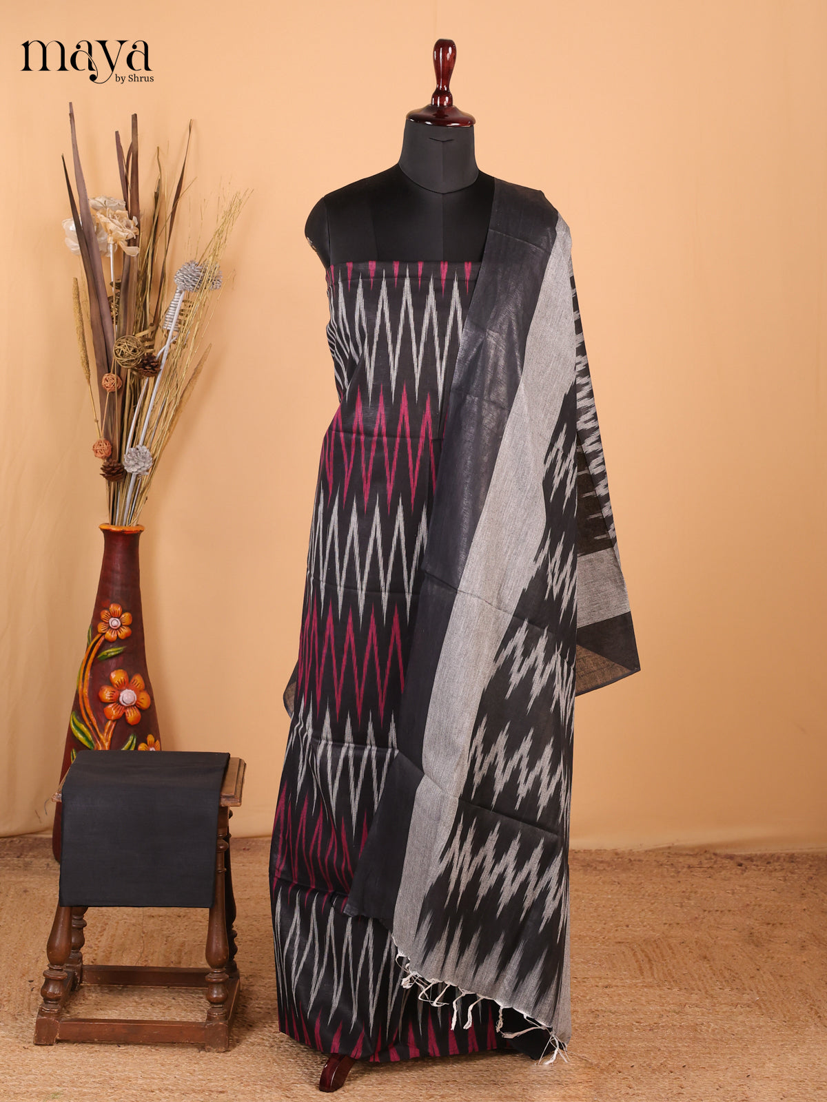 Grey & Black - Ikkat Cotton Unstitched Material Top, Bottom & Dupatta - MDB27002 - Shop on Shrus.com