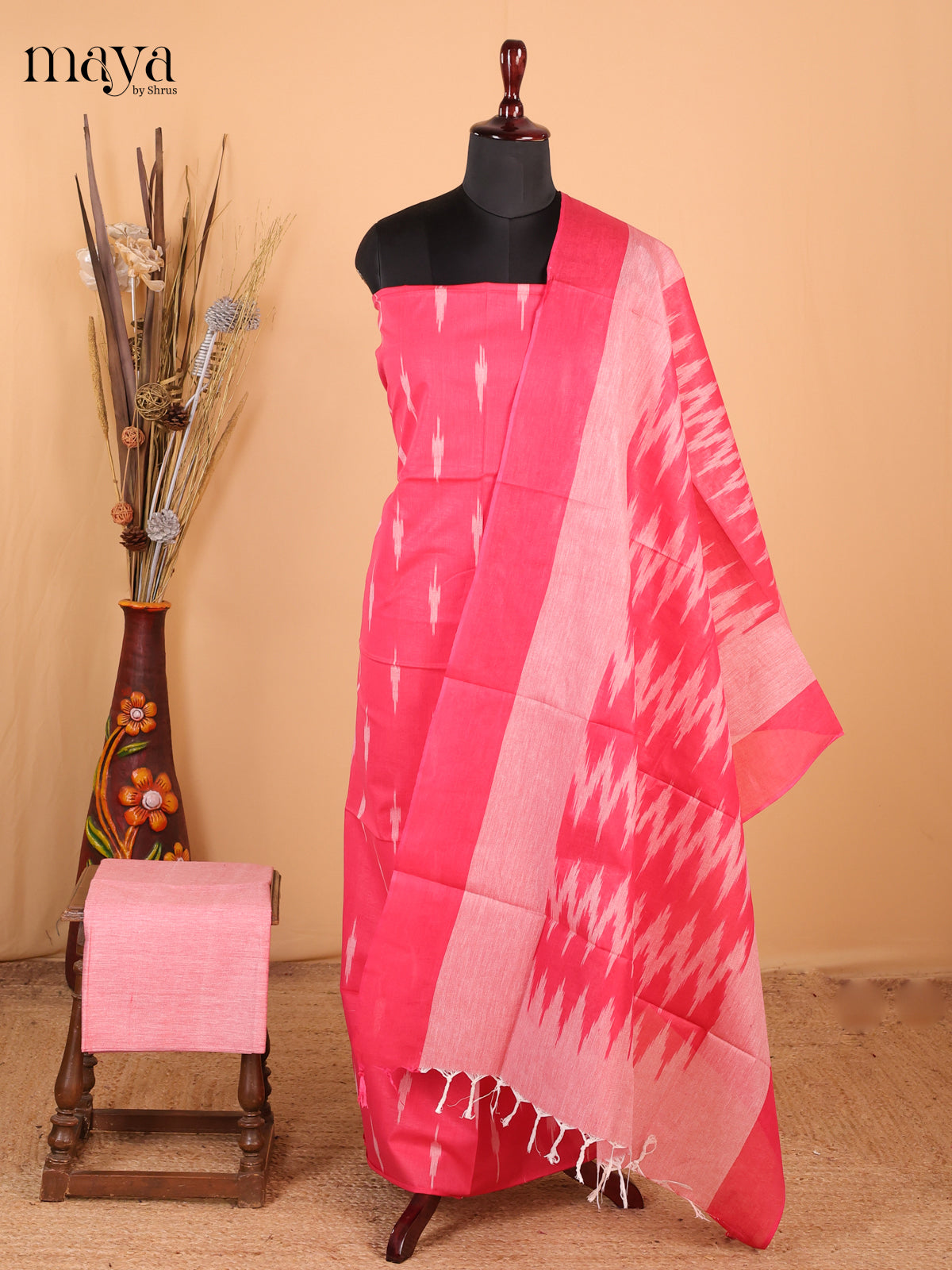 Dark peach & pastel pink - Ikkat Cotton Unstitched Material Top, Bottom & Dupatta - MDB27003 - Shop on Shrus.com