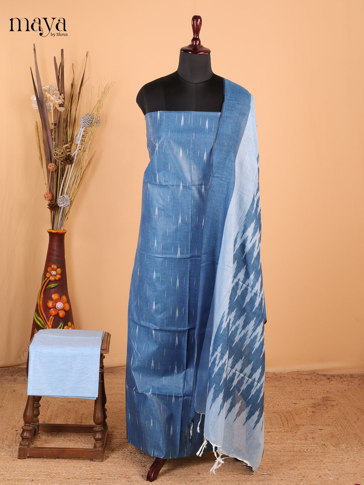 peacock blue & ice blue - Ikkat Cotton Unstitched Material Top, Bottom & Dupatta - MDB27005 - Shop on Shrus.com