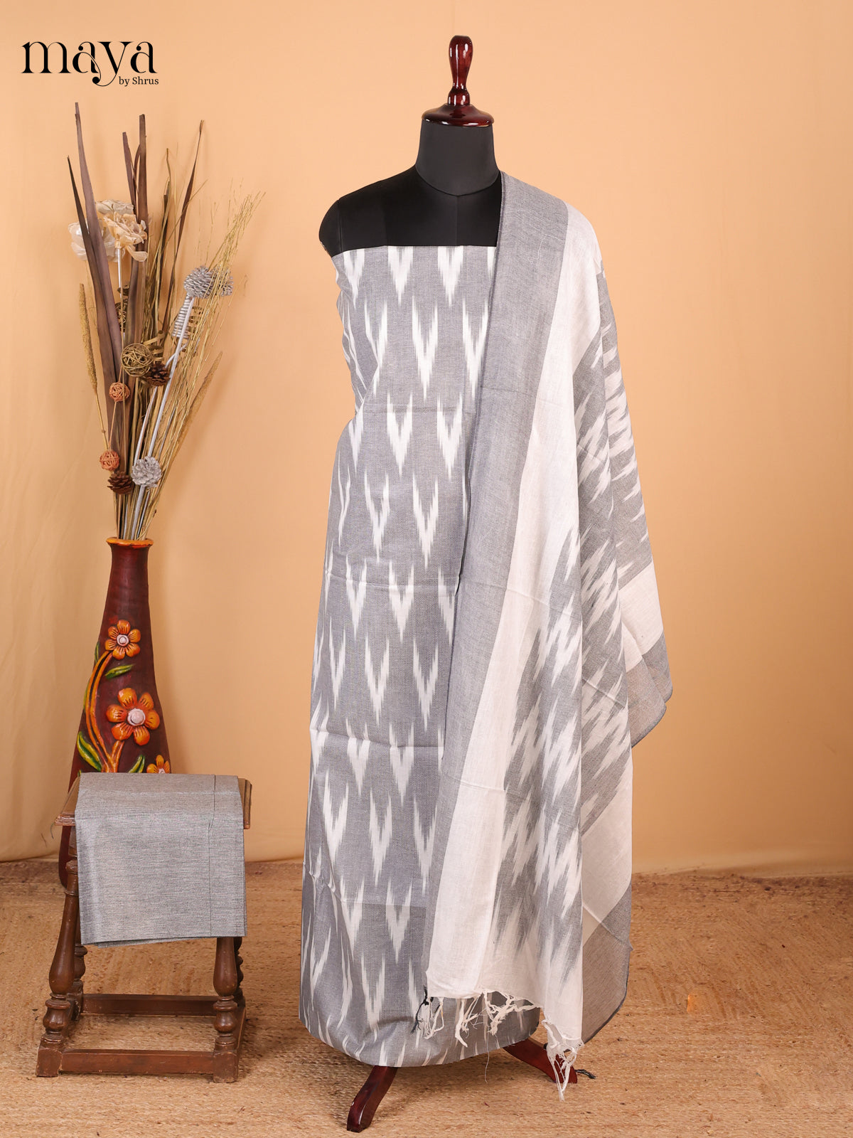 Grey with white - Ikkat Cotton Unstitched Material Top, Bottom & Dupatta - MDB27006 - Shop on Shrus.com