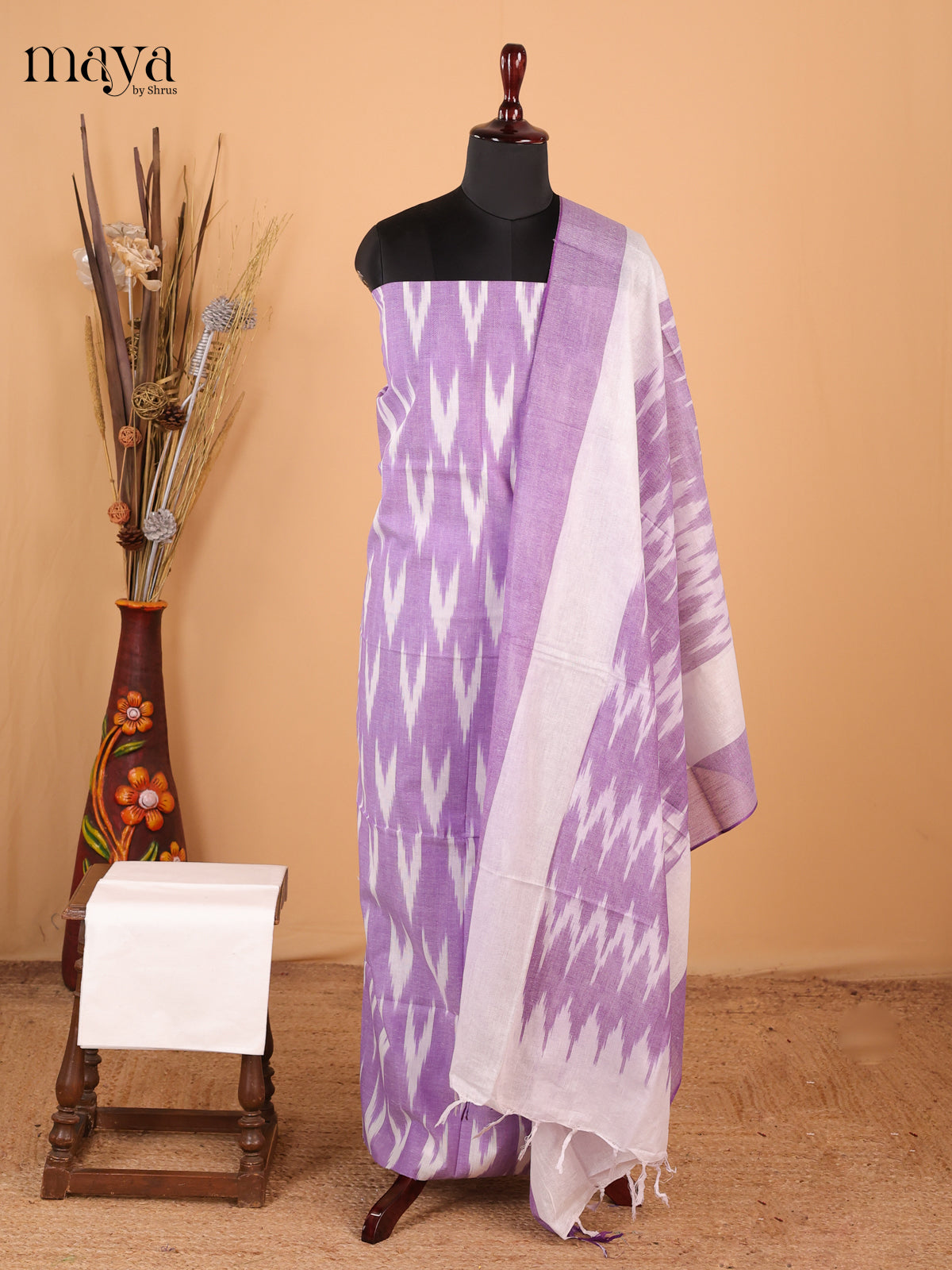 Lavender & White - Ikkat Cotton Unstitched Material Top, Bottom & Dupatta - MDB27007 - Shop on Shrus.com