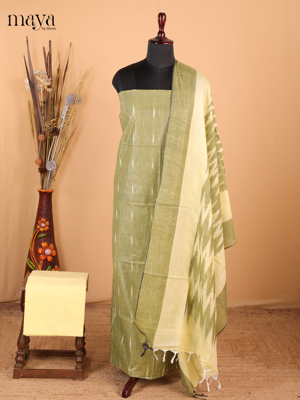 pastel Green & light yellow - Ikkat Cotton Unstitched Material Top, Bottom & Dupatta - MDB27009 - Shop on Shrus.com