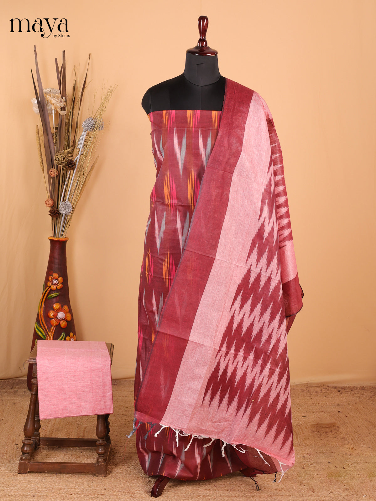 Maroon & light red - Ikkat Cotton Unstitched Material Top, Bottom & Dupatta - MDB27011 - Shop on Shrus.com