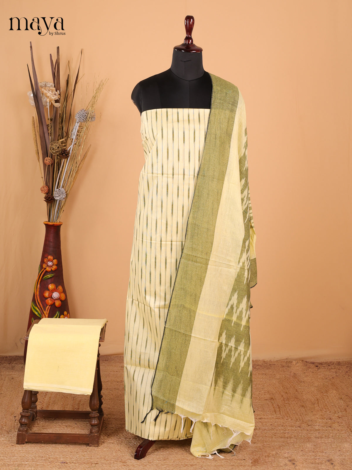 light yellow - Ikkat Cotton Unstitched Material Top, Bottom & Dupatta - MDB27014 - Shop on Shrus.com