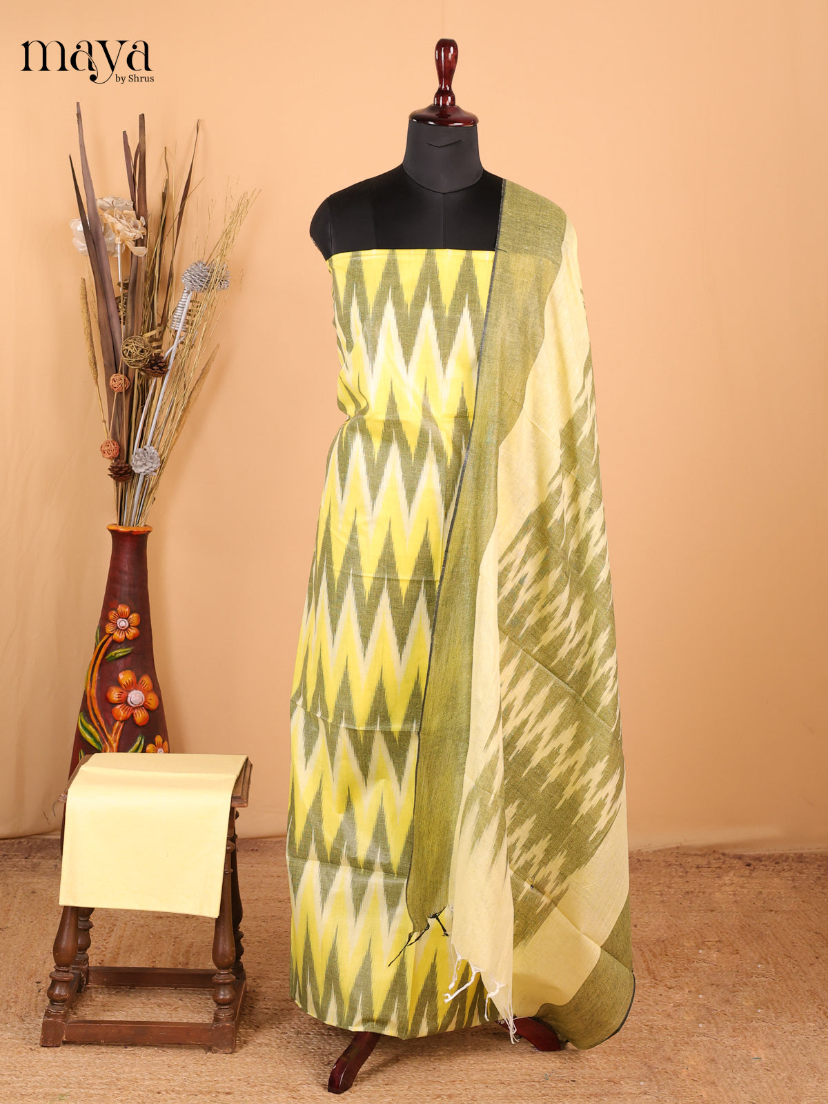 Bright yellow & pastel yellow - Ikkat Cotton Unstitched Material Top, Bottom & Dupatta - MDB27015 - Shop on Shrus.com