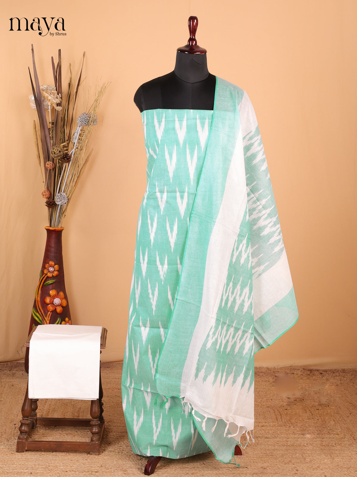 Teal green & white - Ikkat Cotton Unstitched Material Top, Bottom & Dupatta - MDB27016 - Shop on Shrus.com