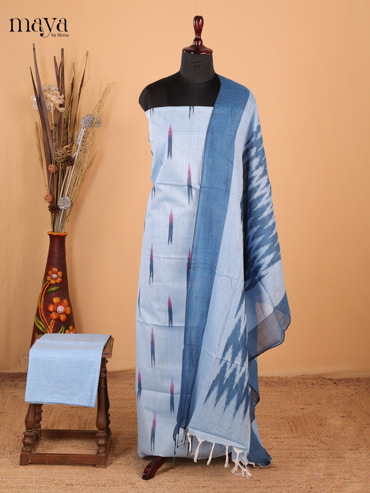 Blue & peacock blue - Ikkat Cotton Unstitched Material Top, Bottom & Dupatta - MDB27018 - Shop on Shrus.com