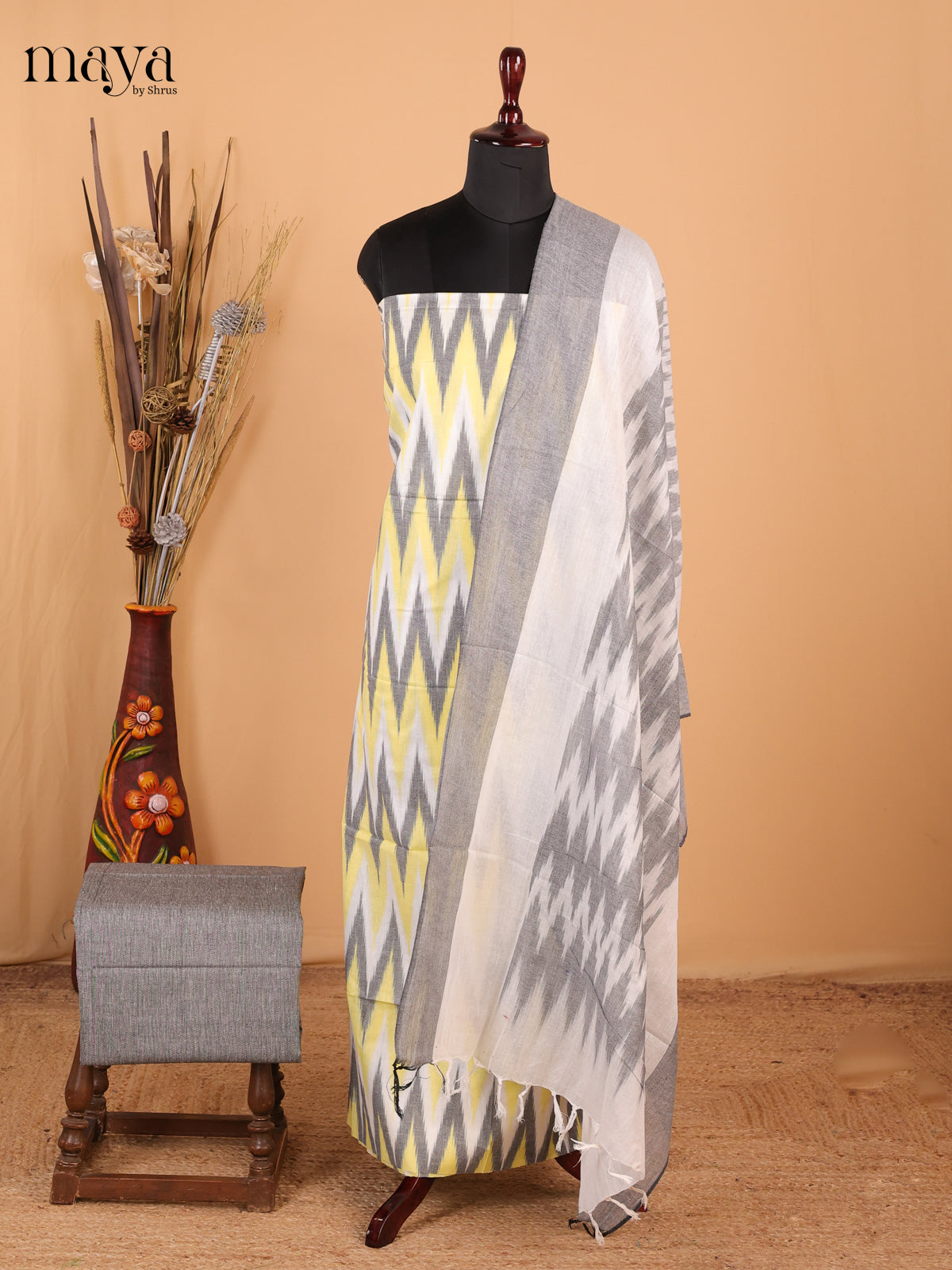 Yellow & Grey - Ikkat Cotton Unstitched Material Top, Bottom & Dupatta - MDB27019 - Shop on Shrus.com