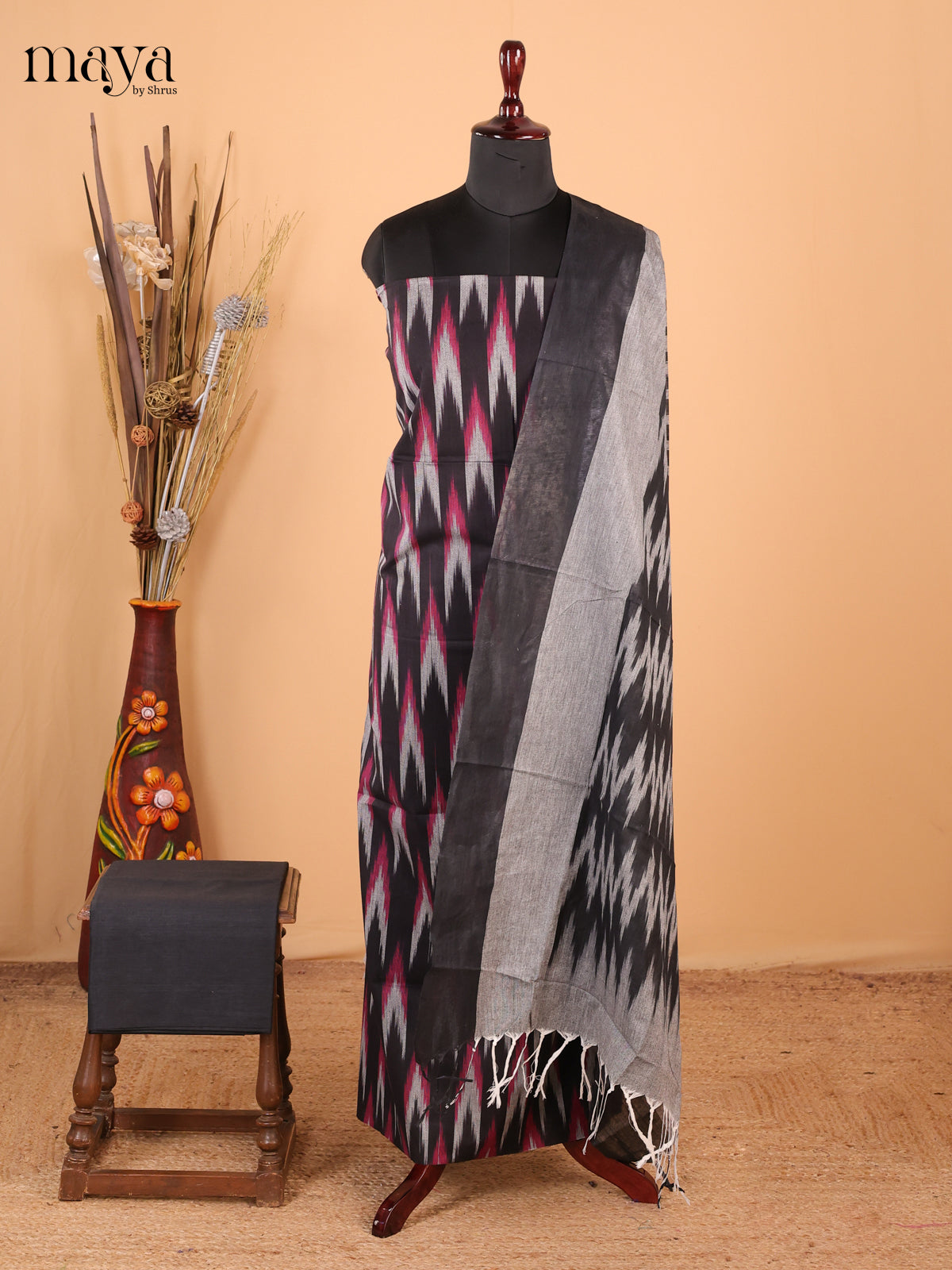 Black & Grey - Ikkat Cotton Unstitched Material Top, Bottom & Dupatta - MDB27020 - Shop on Shrus.com