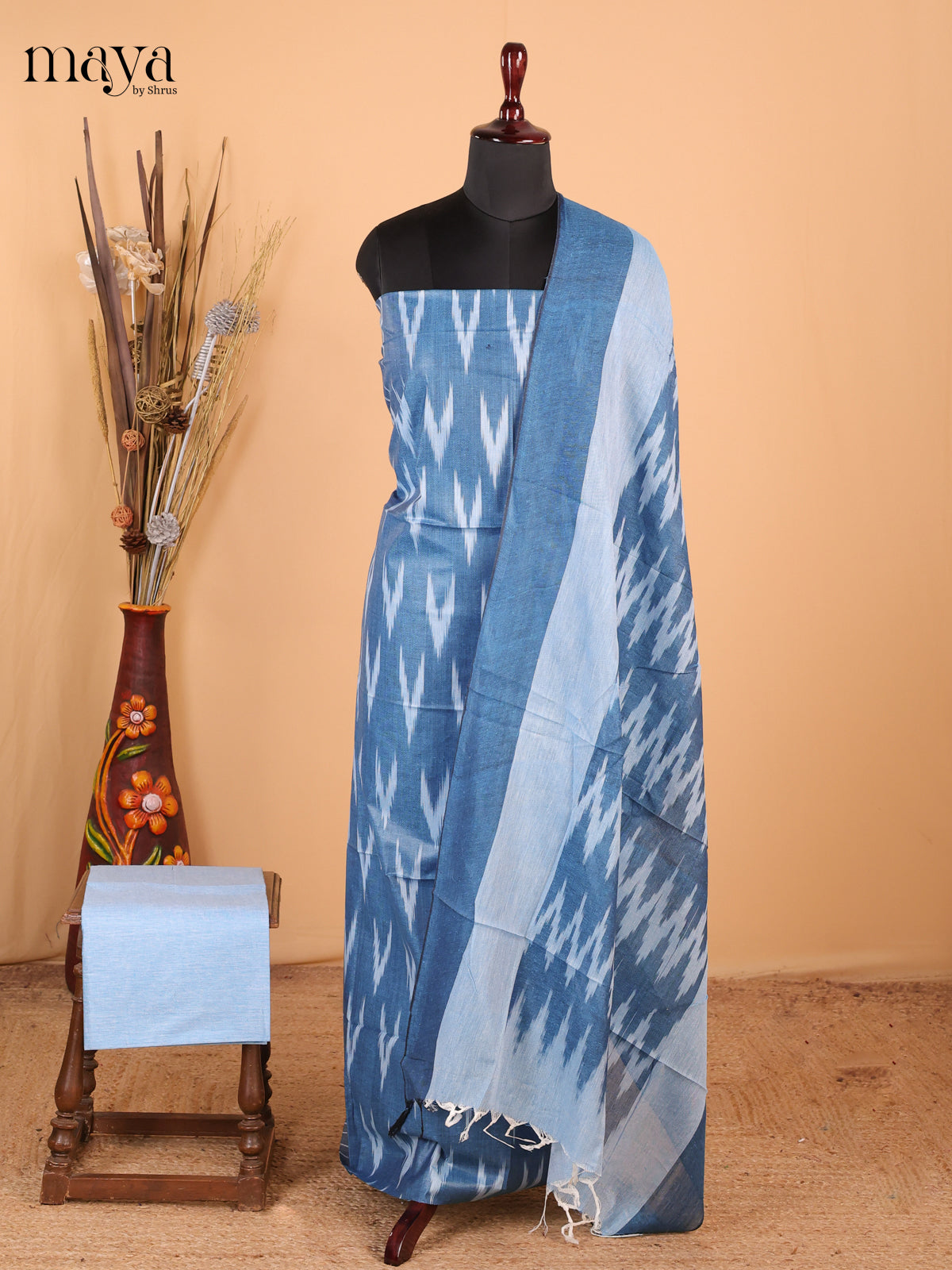 Peacock blue & ice blue - Components Included - Unstitch Salwar Material Top, Bottom & Dupatta - MDB27022 - Shop on Shrus.com