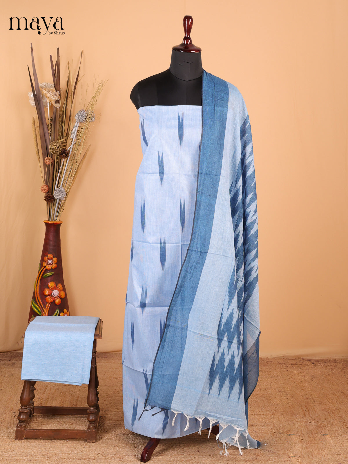Ice Blue & peacock blue - Ikkat Cotton Unstitched Material Top, Bottom & Dupatta - MDB27023 - Shop on Shrus.com