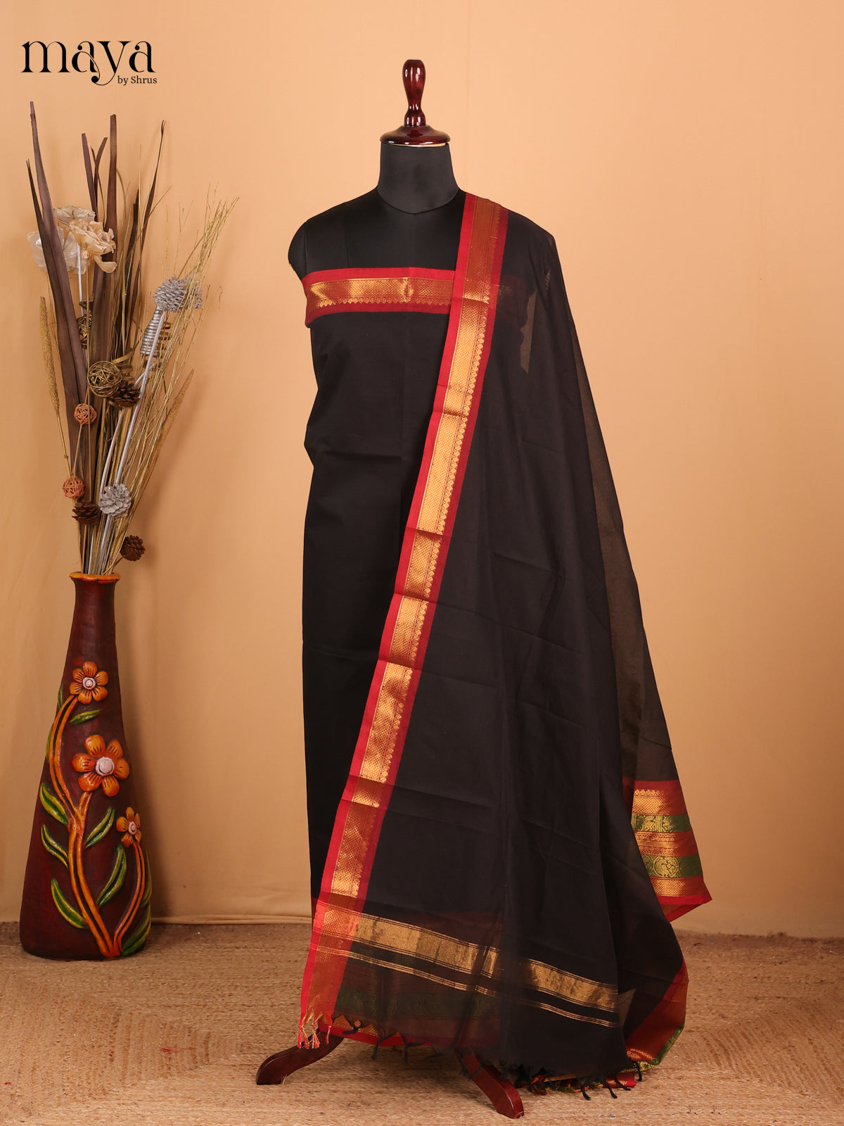 Black with Red - Chettinad Cotton Unstitched Top & Dupatta - MDC06006 - Shop on Shrus.com