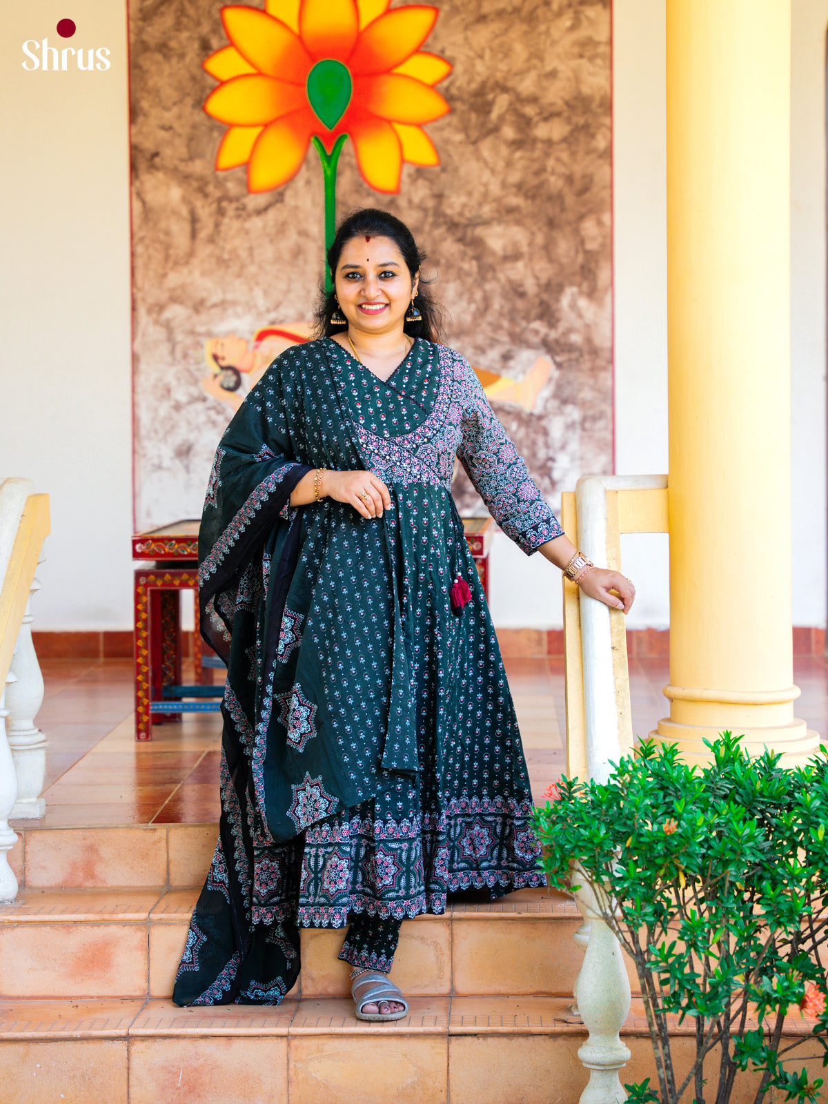 Green Cotton 3PC Salwar Suit with Ajrakh jPrint - Top, Bottom & Dupatta - Shop on Shrus.com