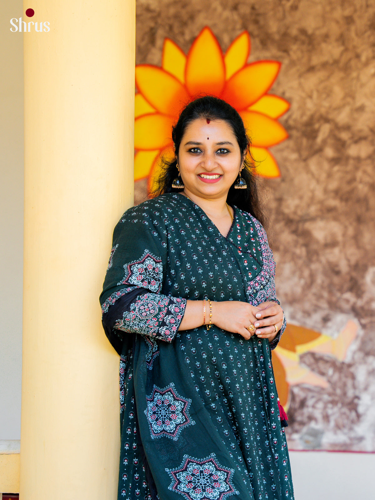 Green Cotton 3PC Salwar Suit with Ajrakh jPrint - Top, Bottom & Dupatta - Shop on Shrus.com