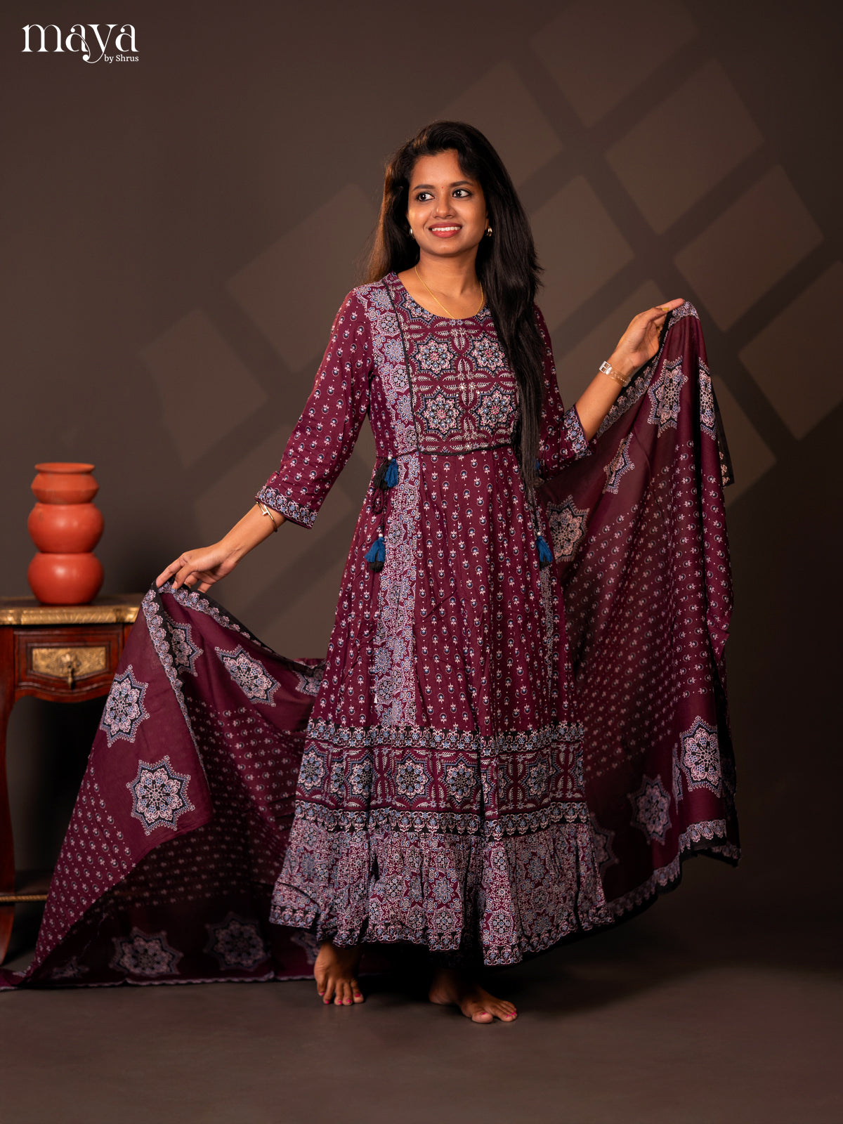 Purple Cotton 3PC Salwar Suit with Ajrakh jPrint - Top, Bottom & Dupatta - Shop on Shrus.com