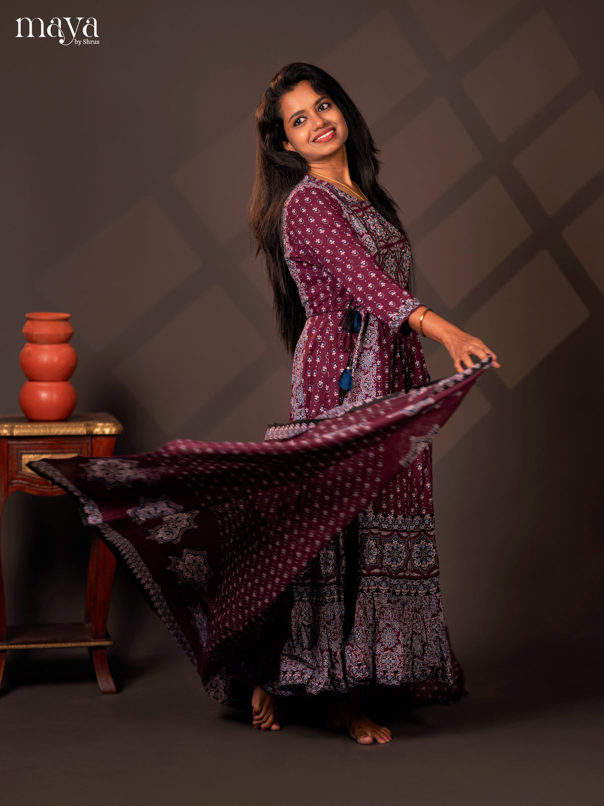 Purple Cotton 3PC Salwar Suit with Ajrakh jPrint - Top, Bottom & Dupatta - Shop on Shrus.com