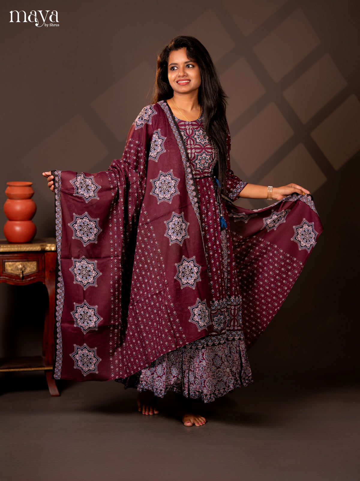 Purple Cotton 3PC Salwar Suit with Ajrakh jPrint - Top, Bottom & Dupatta - Shop on Shrus.com