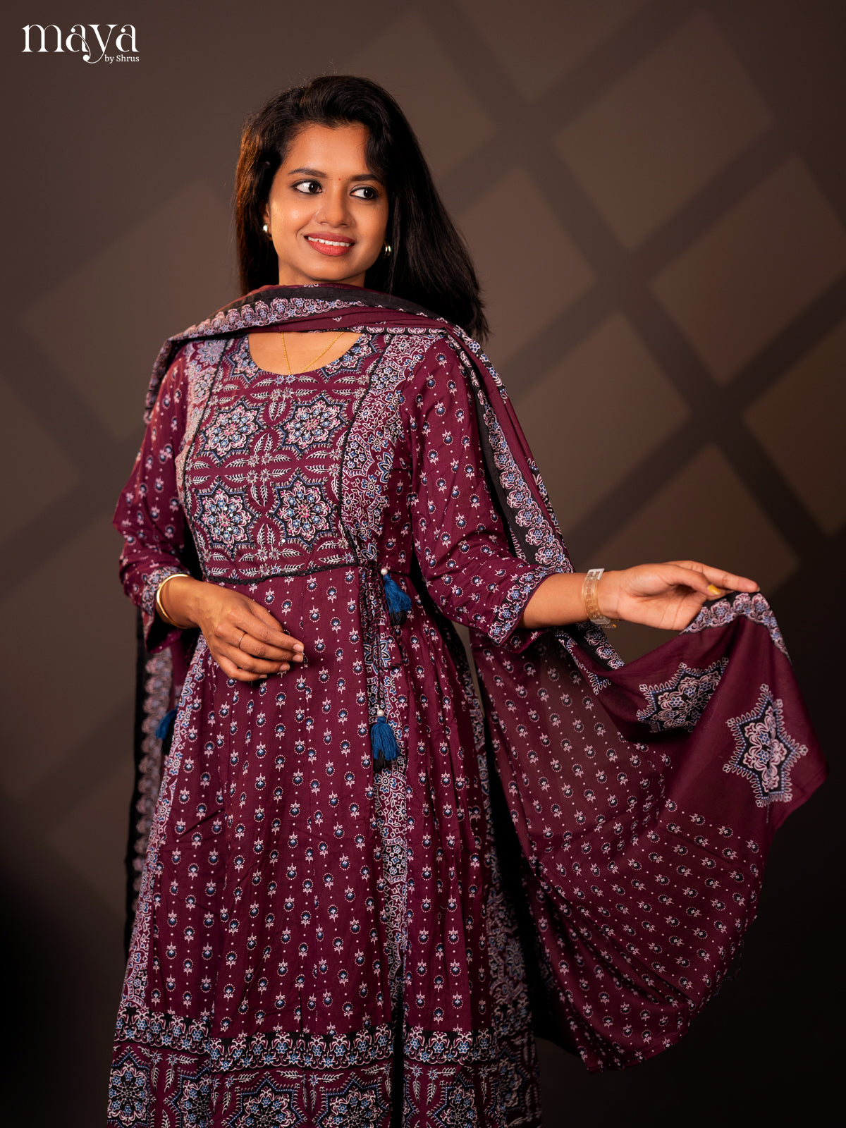 Purple Cotton 3PC Salwar Suit with Ajrakh jPrint - Top, Bottom & Dupatta - Shop on Shrus.com