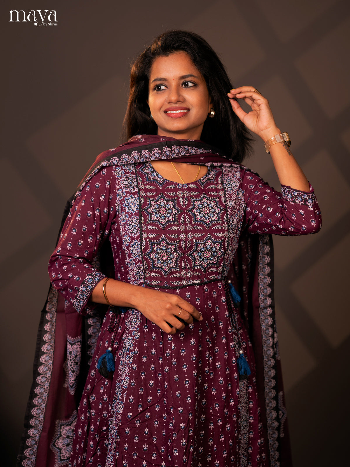 Purple Cotton 3PC Salwar Suit with Ajrakh jPrint - Top, Bottom & Dupatta - Shop on Shrus.com