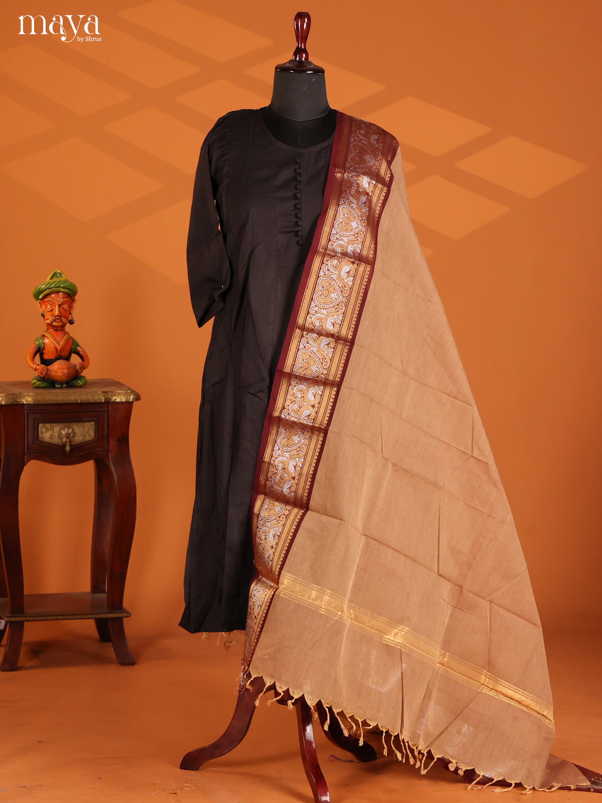Elegant Beige Chettinad Dupatta with Maroon zari border - Shop on Shrus.com