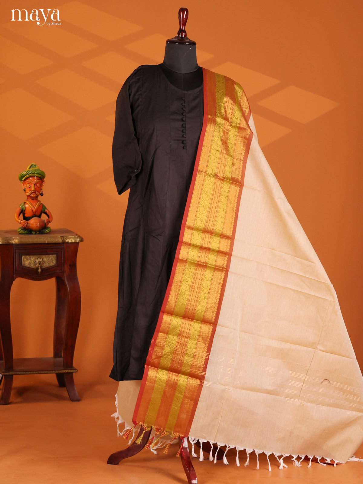 Charming Cream Chettinad cotton Dupatta with Red zari Border - Shop on Shrus.com