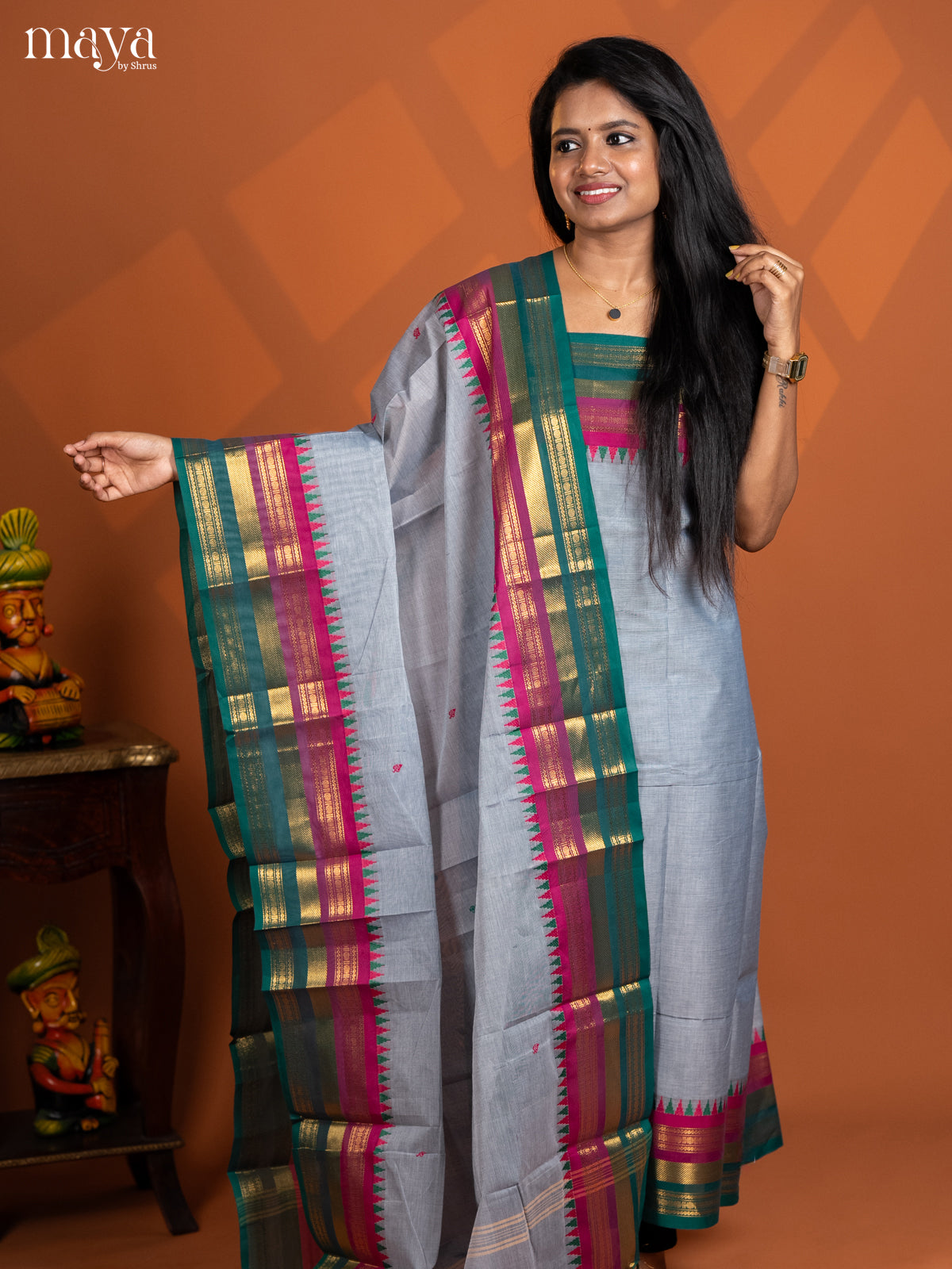 Dual Tone Grey with White chettinad top & dupatta - MDD17009 - Shop on Shrus.com