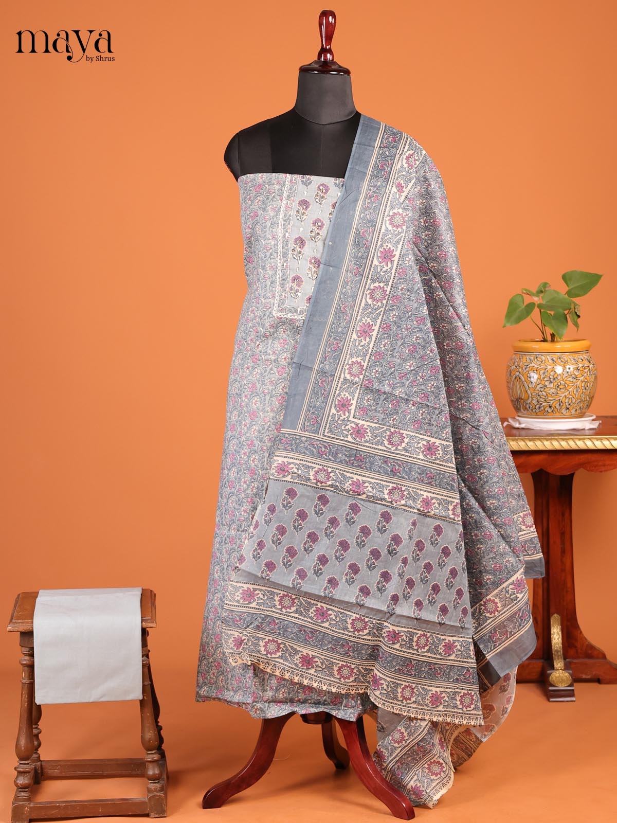 Grey & Purple - Cotton Unstitched Top, Bottom & Dupatta Suit Set- MDD19107 - Shop on Shrus.com
