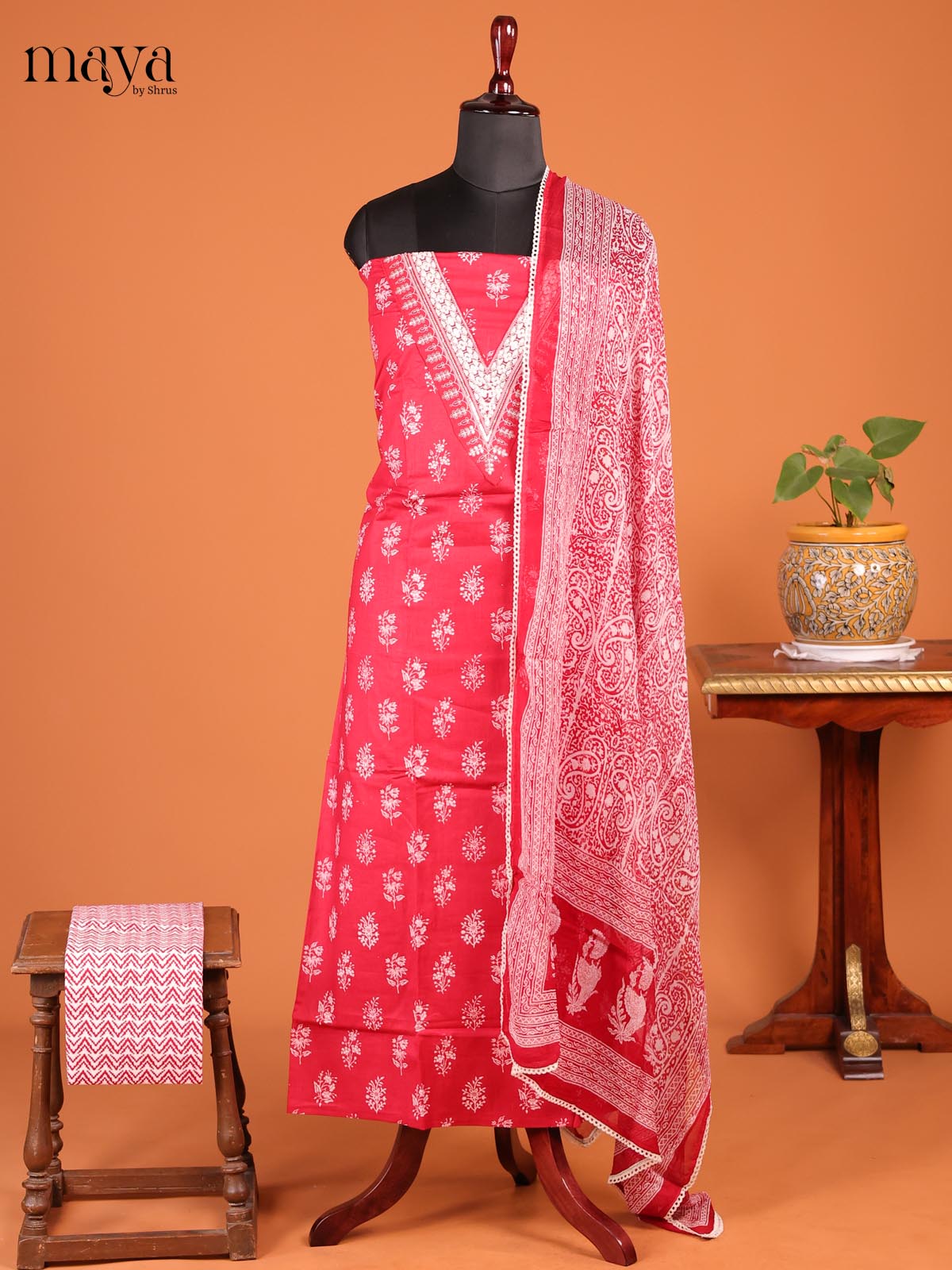 Pink - Cotton Unstitched Top, Bottom & Dupatta Suit Set- MDD21001 - Shop on Shrus.com