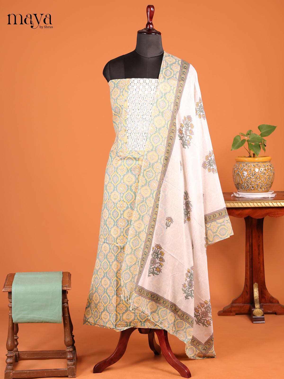 Green , Yellow & Cream - MDD21020 - Cotton salwar - Shop on Shrus.com