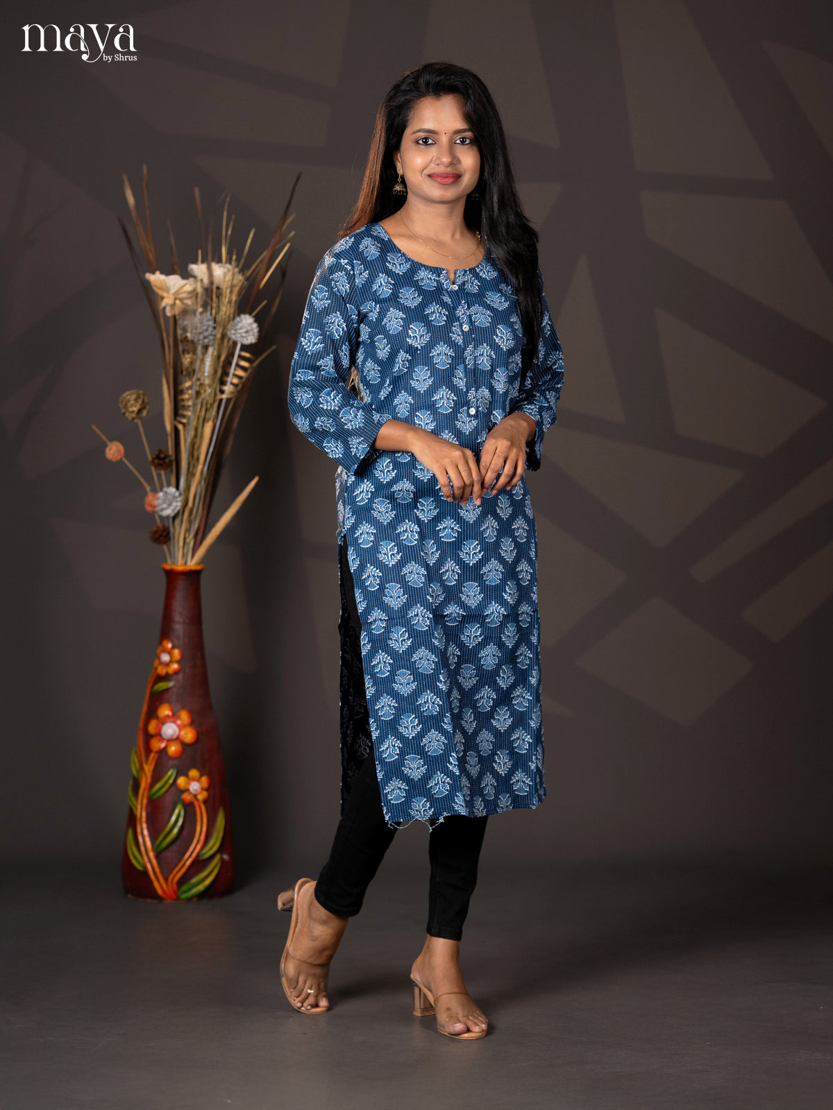 Indigo Blue Kantha Cotton Block Printed Straight Kurti - Shop on Shrus.com