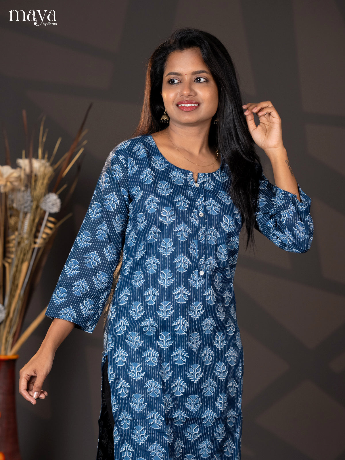 Indigo Blue Kantha Cotton Block Printed Straight Kurti - Shop on Shrus.com
