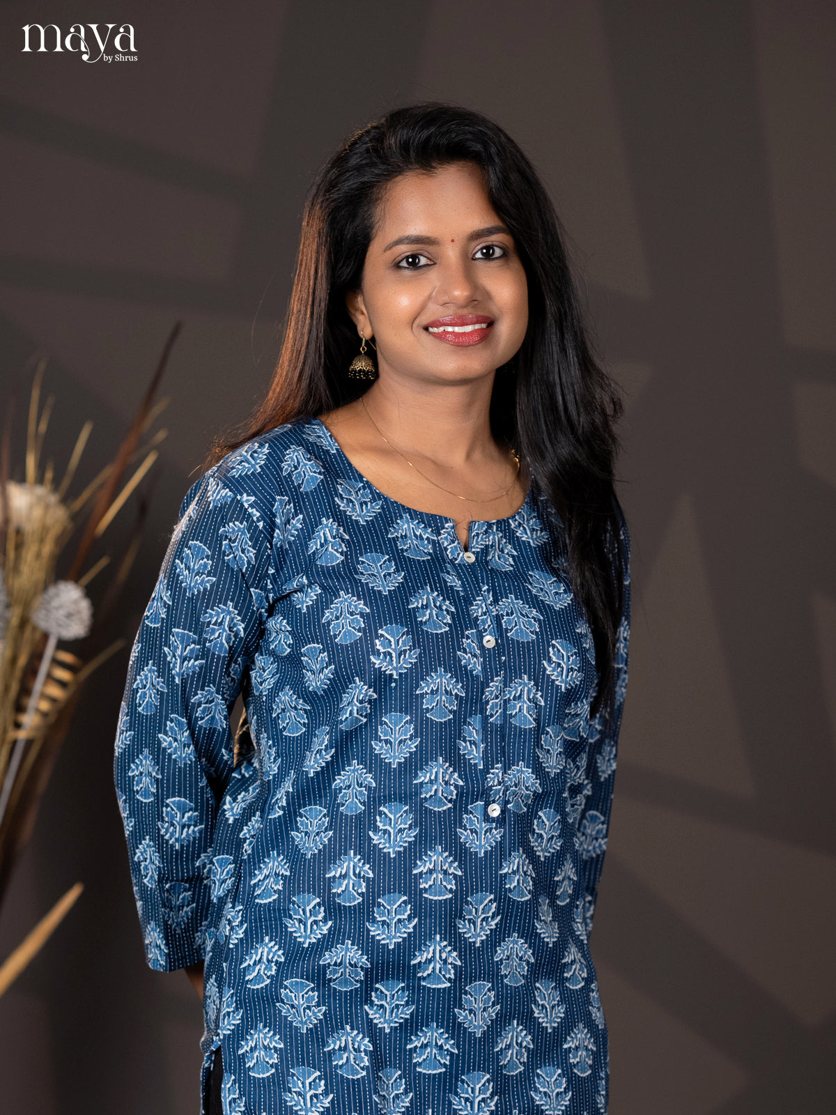 Indigo Blue Kantha Cotton Block Printed Straight Kurti - Shop on Shrus.com