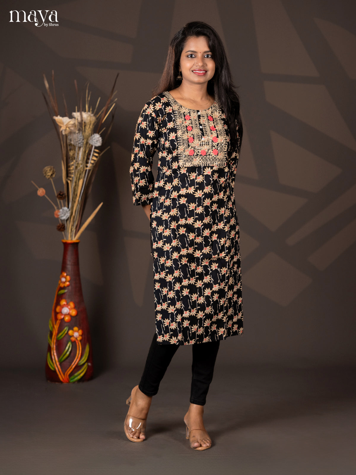 Black Floral printed Cotton Straight Kurti - Shop on Shrus.com
