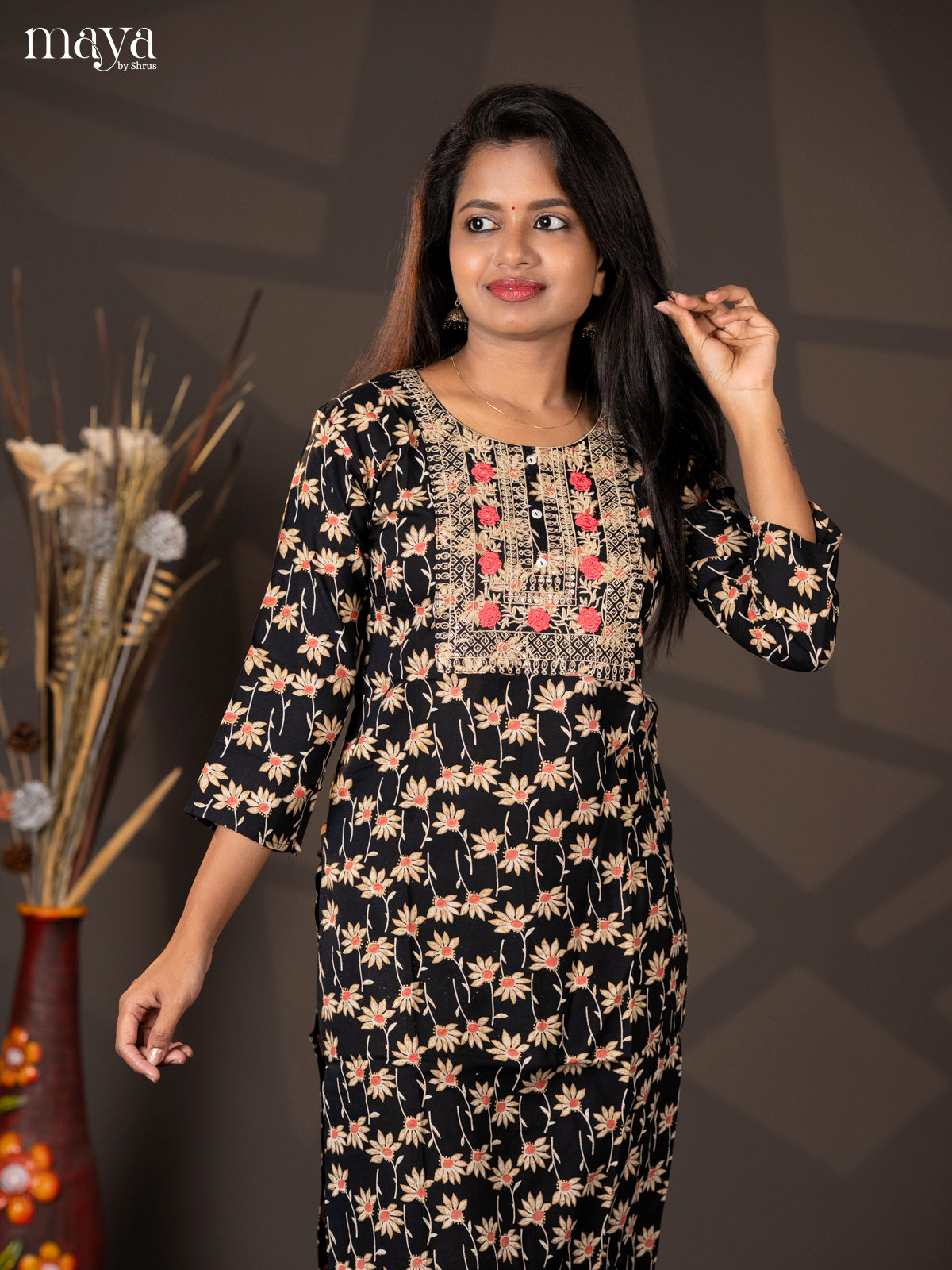 Black Floral printed Cotton Straight Kurti - Shop on Shrus.com