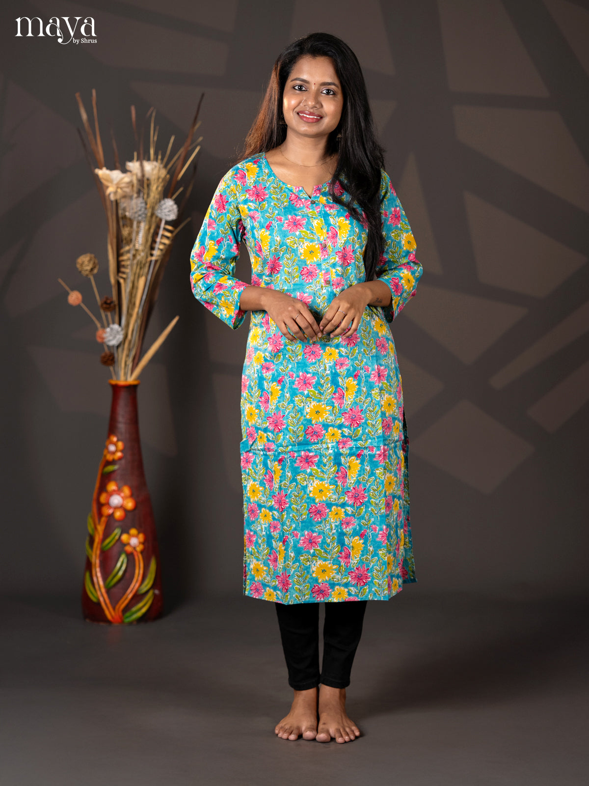 Blue Floral Printed Cotton Straight Kurti - Shop on Shrus.com