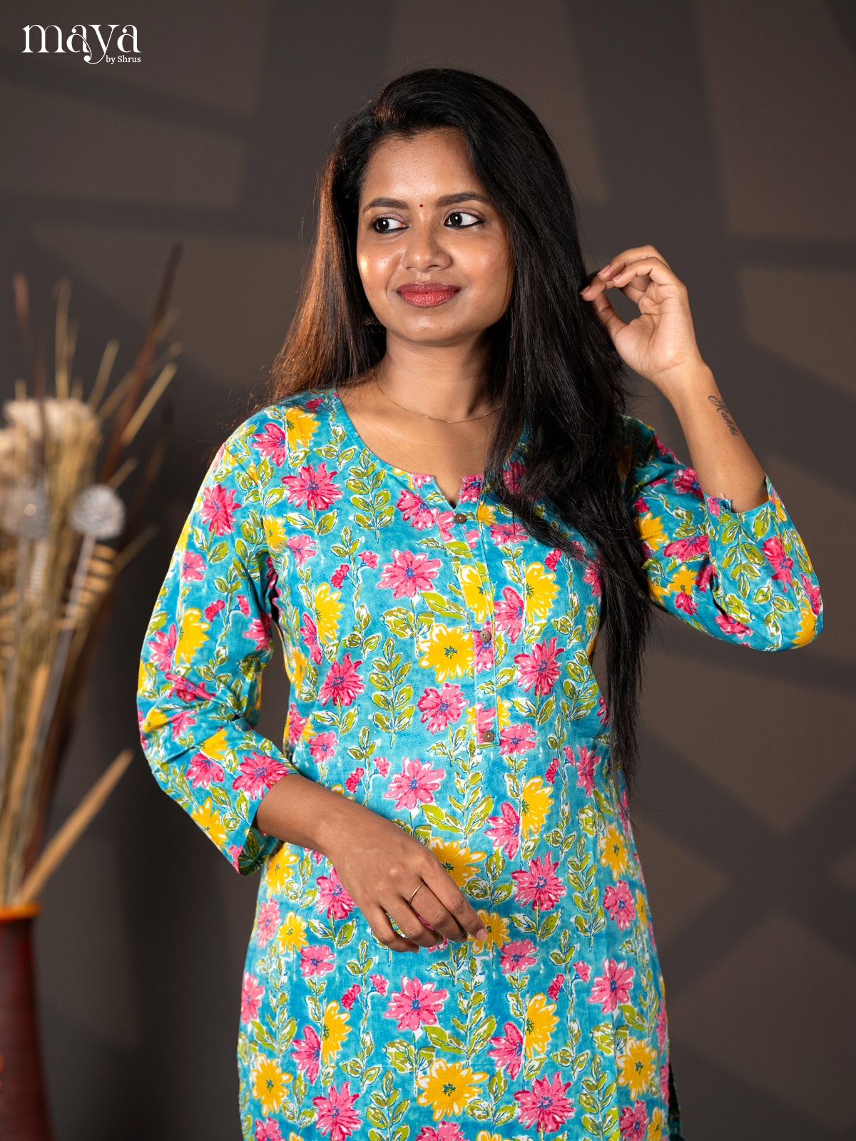Blue Floral Printed Cotton Straight Kurti - Shop on Shrus.com