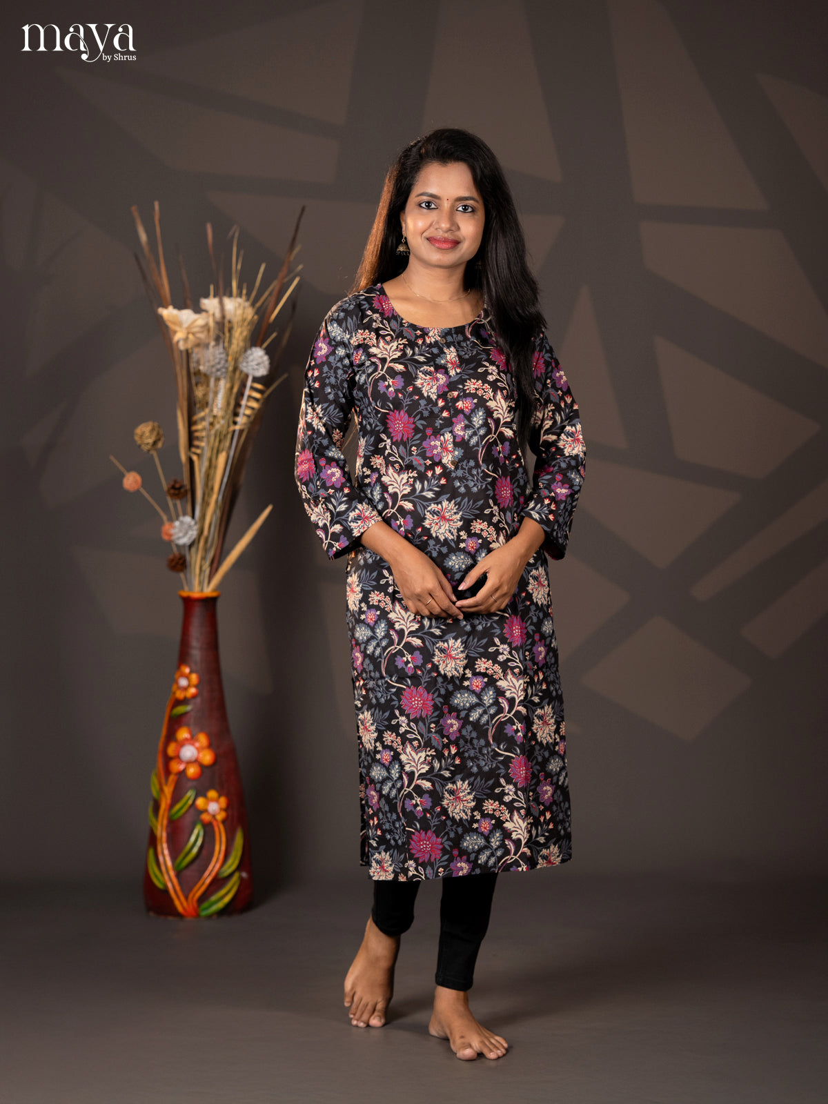 Black Floral Printed Cotton Straight Kurti - Shop on Shrus.com