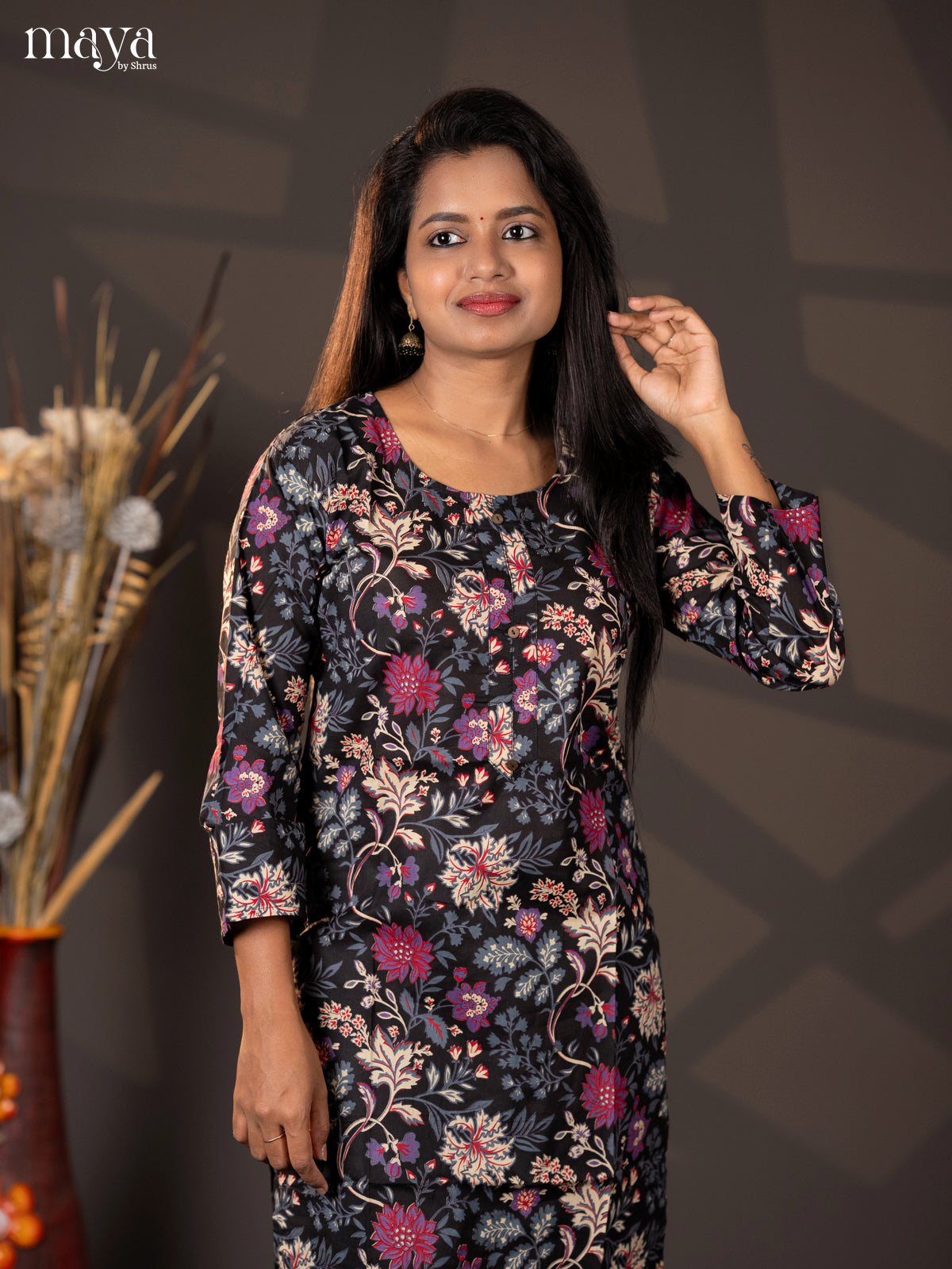 Black Floral Printed Cotton Straight Kurti - Shop on Shrus.com