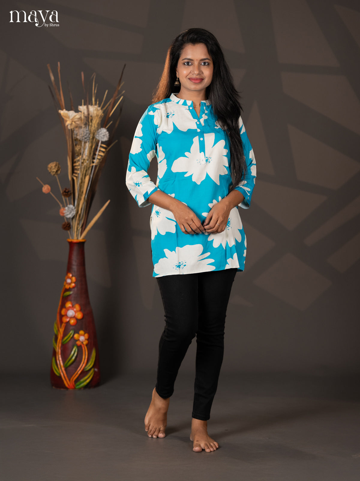 Blue Floral Printed Rayon Short Straight Kurta - Shop on Shrus.com