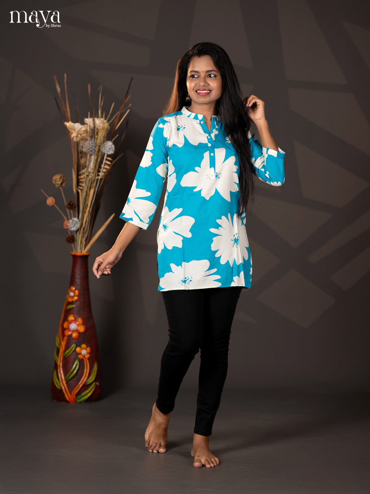 Blue Floral Printed Rayon Short Straight Kurta - Shop on Shrus.com