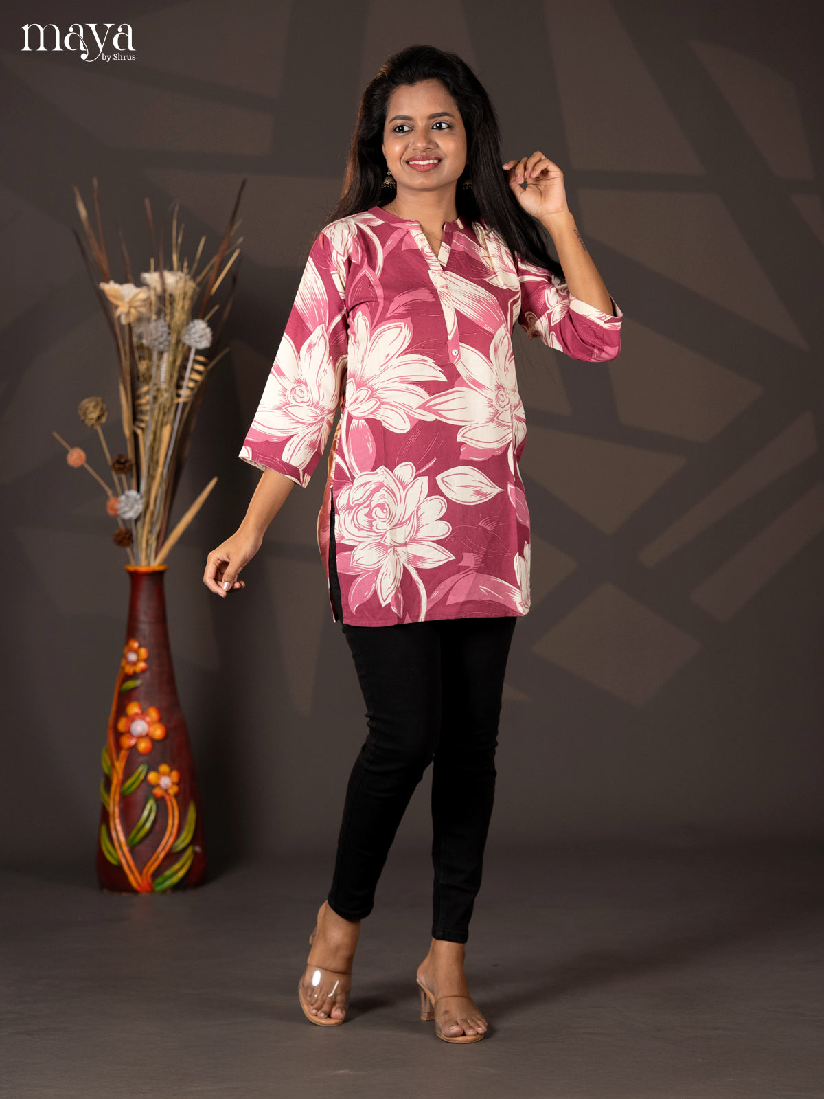 Dark onion pink Floral Printed Cotton Short Straight Kurta - Shop on Shrus.com