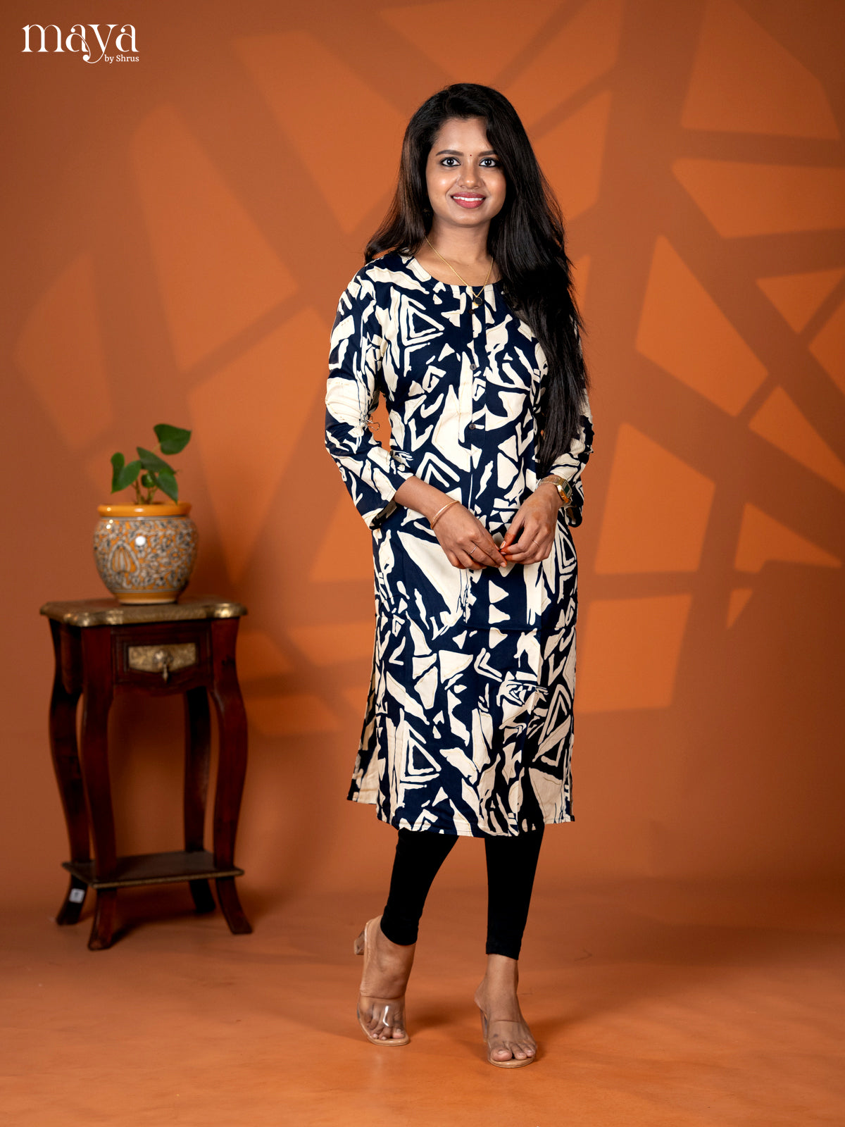 Dark Navy Blue Abstract Printed Rayon Straight Kurti - Shop on Shrus.com