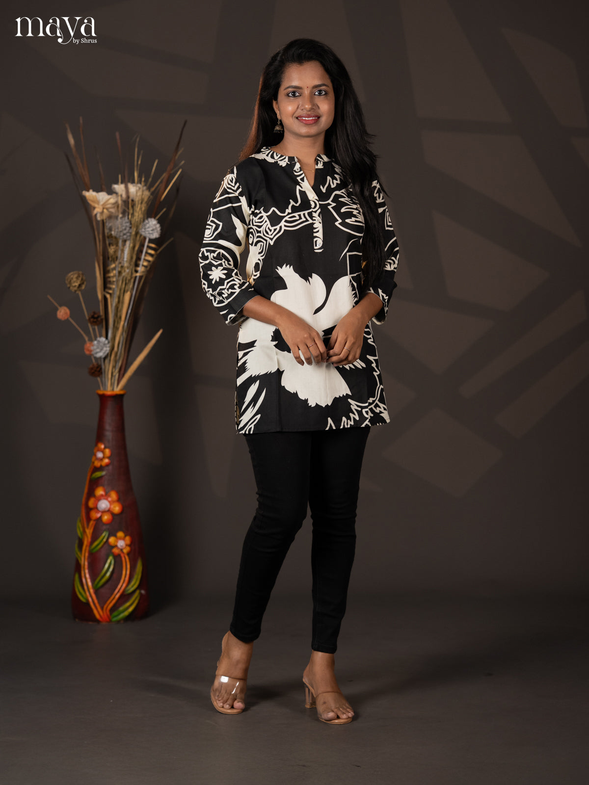 Black Abstract Printed Rayon Short Straight Kurta - Shop on Shrus.com